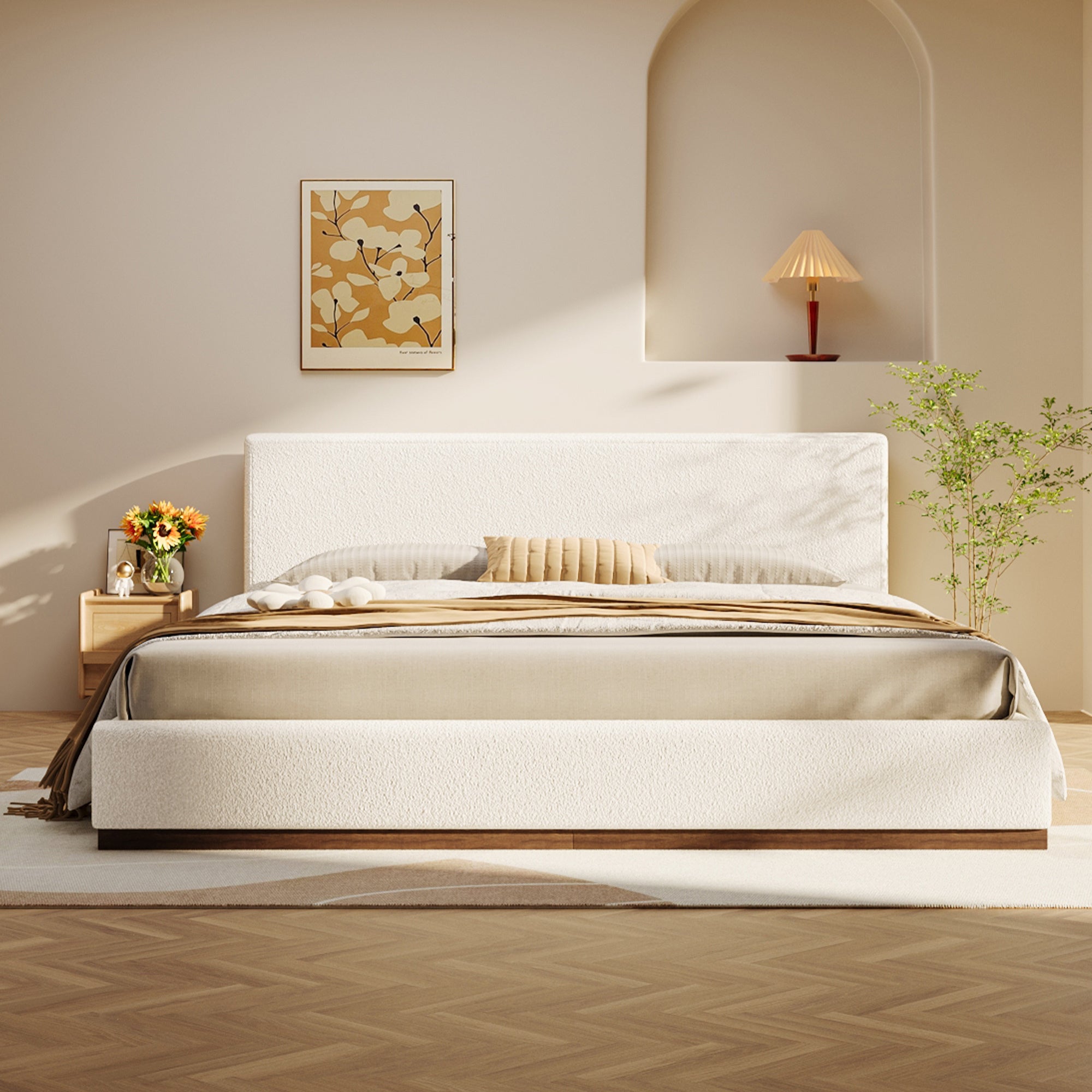 Elegant White Fabric Upholstered Bed With Nice Wood Grain Textured Solid Wood Base Frame