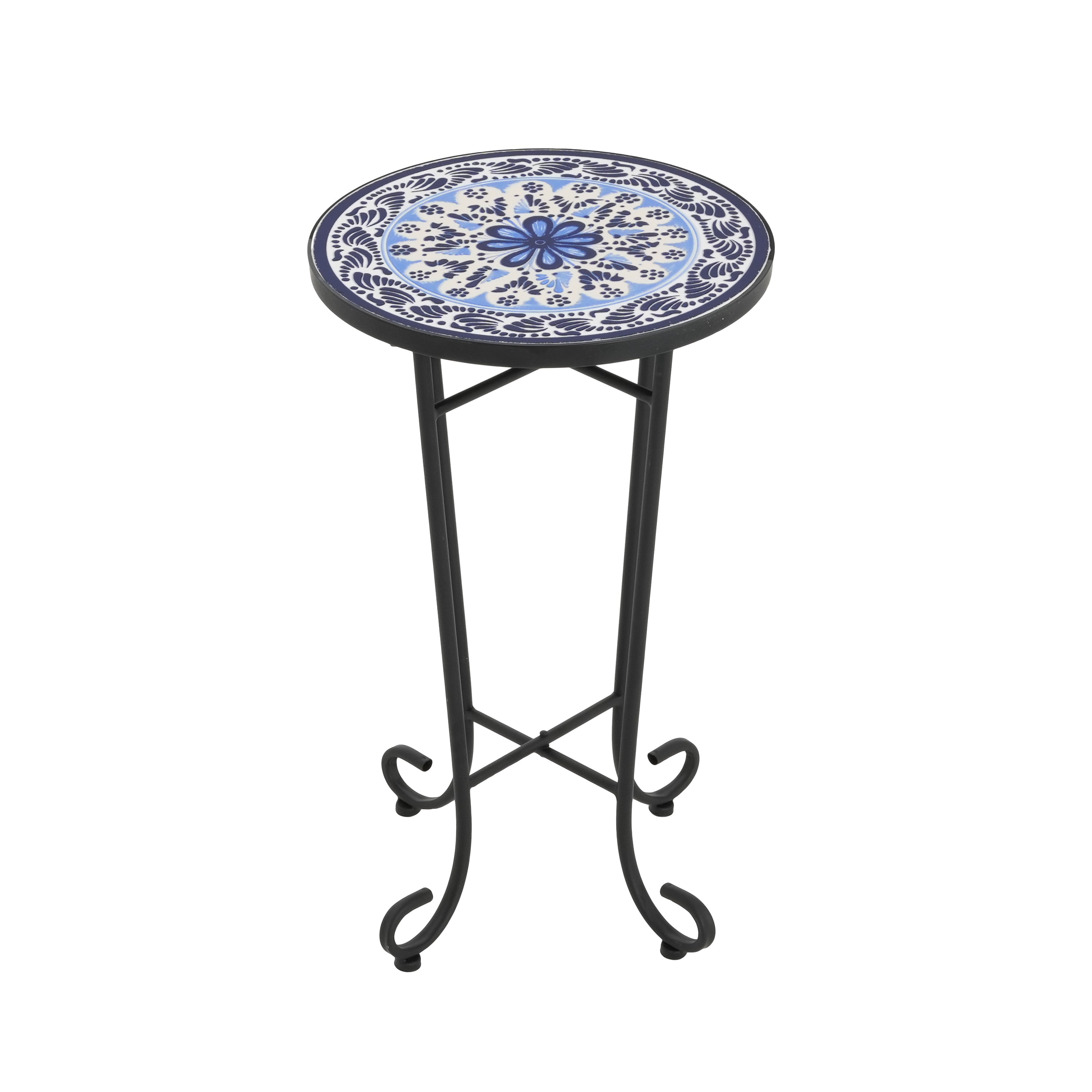 Warmthly Outdoor Round Side Table with Vibrant Tile Top and Elegant Scrolling Legs