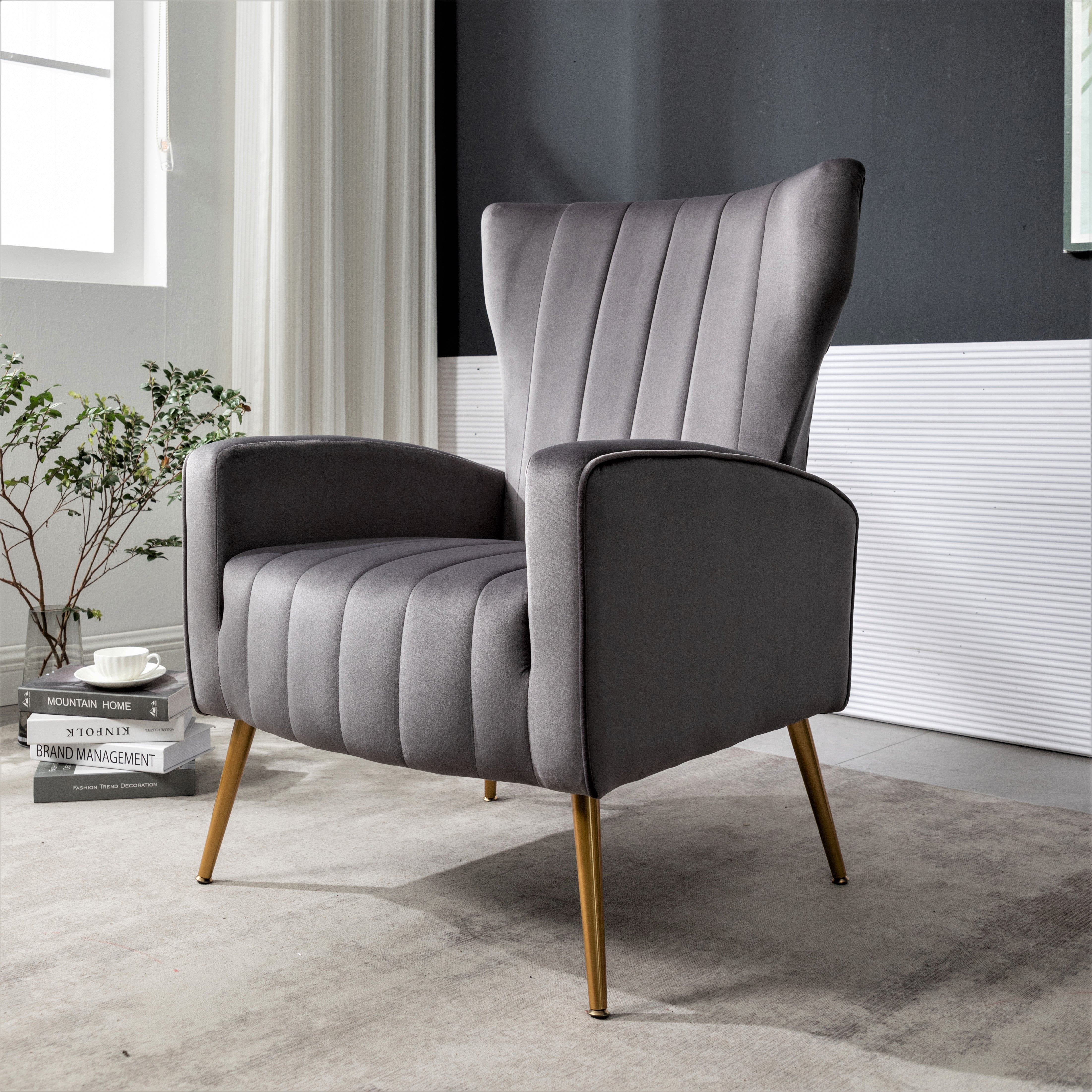 Velvet Accent Chair with Metal Legs, Modern Upholstered Armchair, Wingback Side Chair for Living Room Bedroom Small Spaces