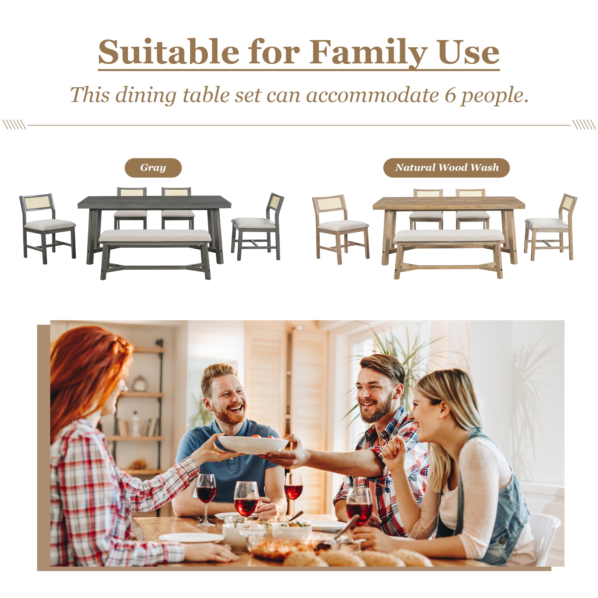 6-Piece Dining Set with Rectangular Table, 4 Upholstered Chairs and Bench