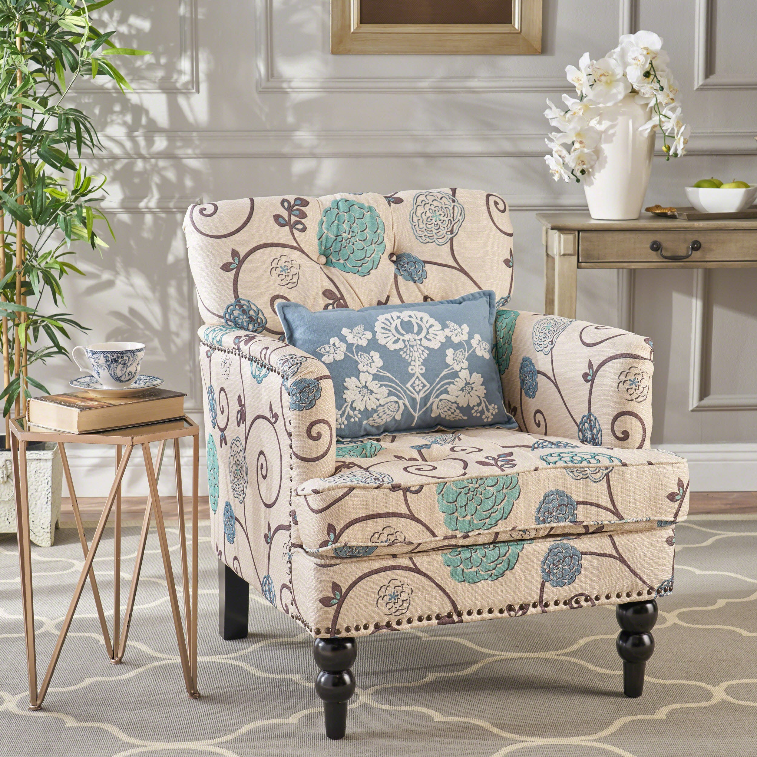 Blue Floral Club Accent Chair with Button-Tufted Diamond Stitching and Turned Legs