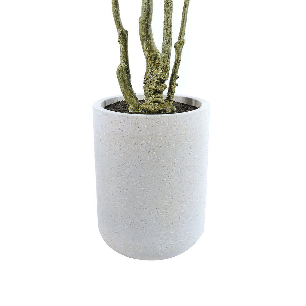 CG Hunter Artificial Willow Eucalyptus Tree 7' showcased dimensions for the tree and planter
