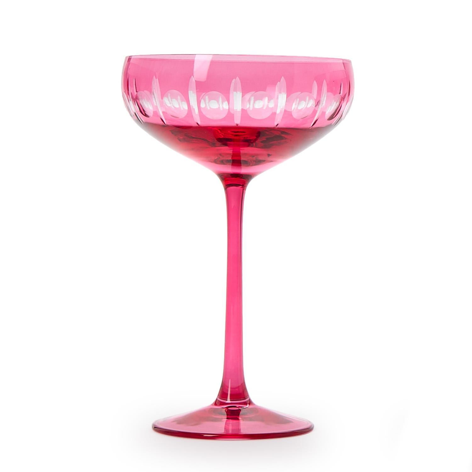 Sparkling Cut Pink Hand Engraved Coupe Wine Glasses, Set of 4