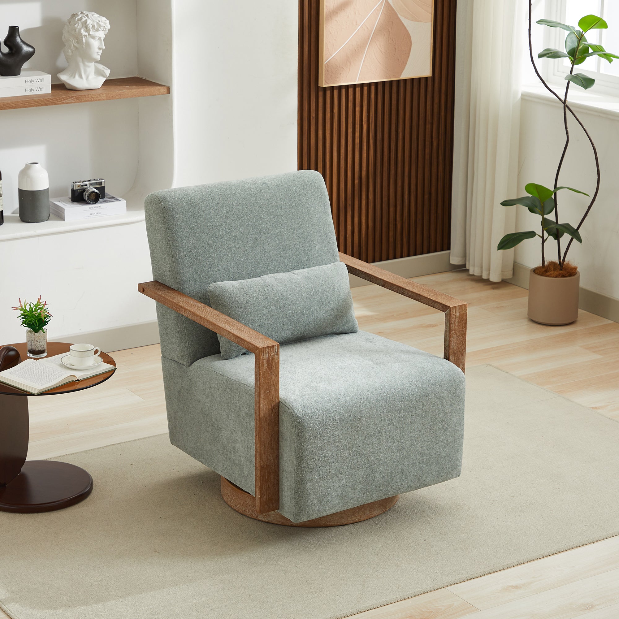 Upholstered Swivel Chair with Open Arms Design and Wood Base