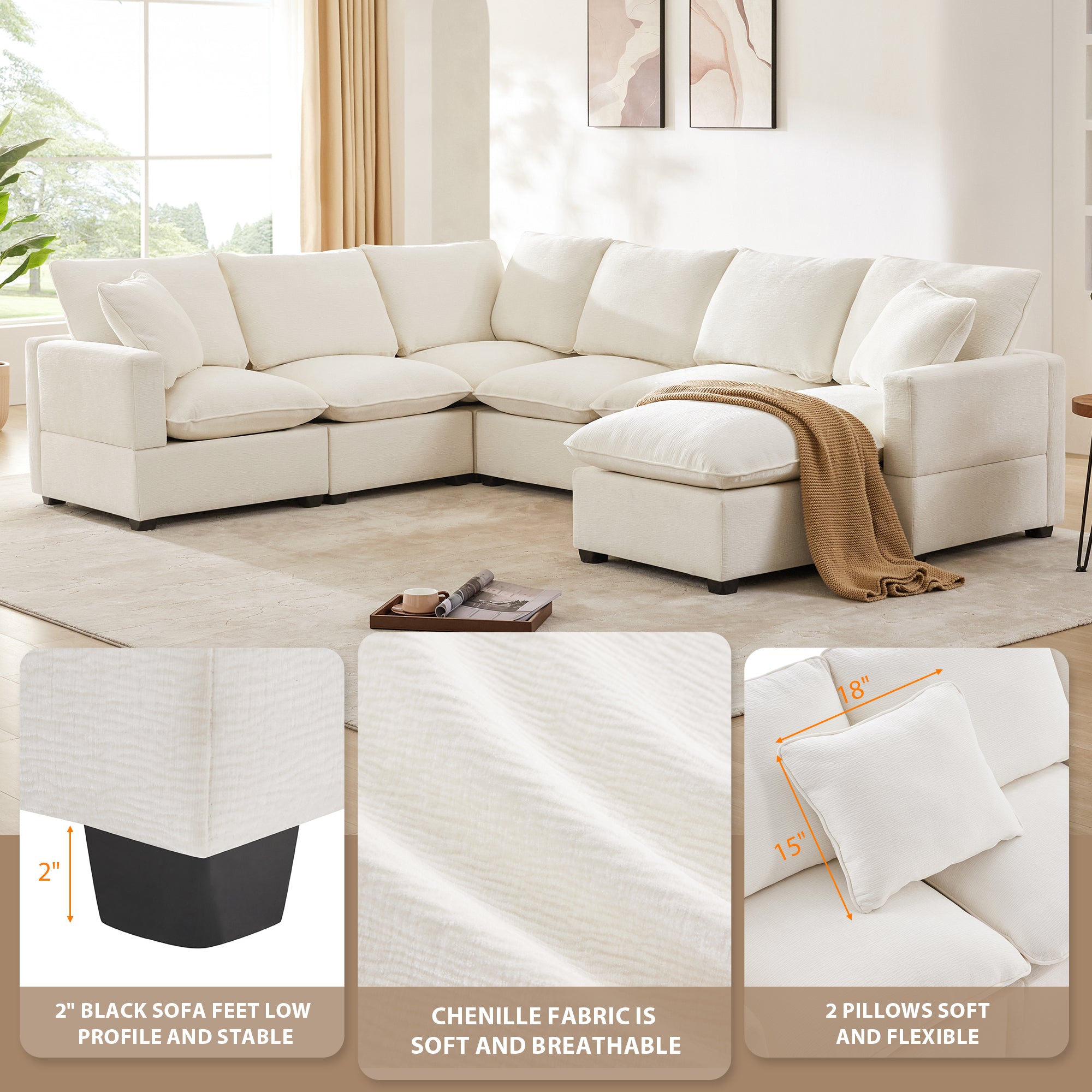 Chenille Modular U-Shape Sectional Sofa, Seats 7