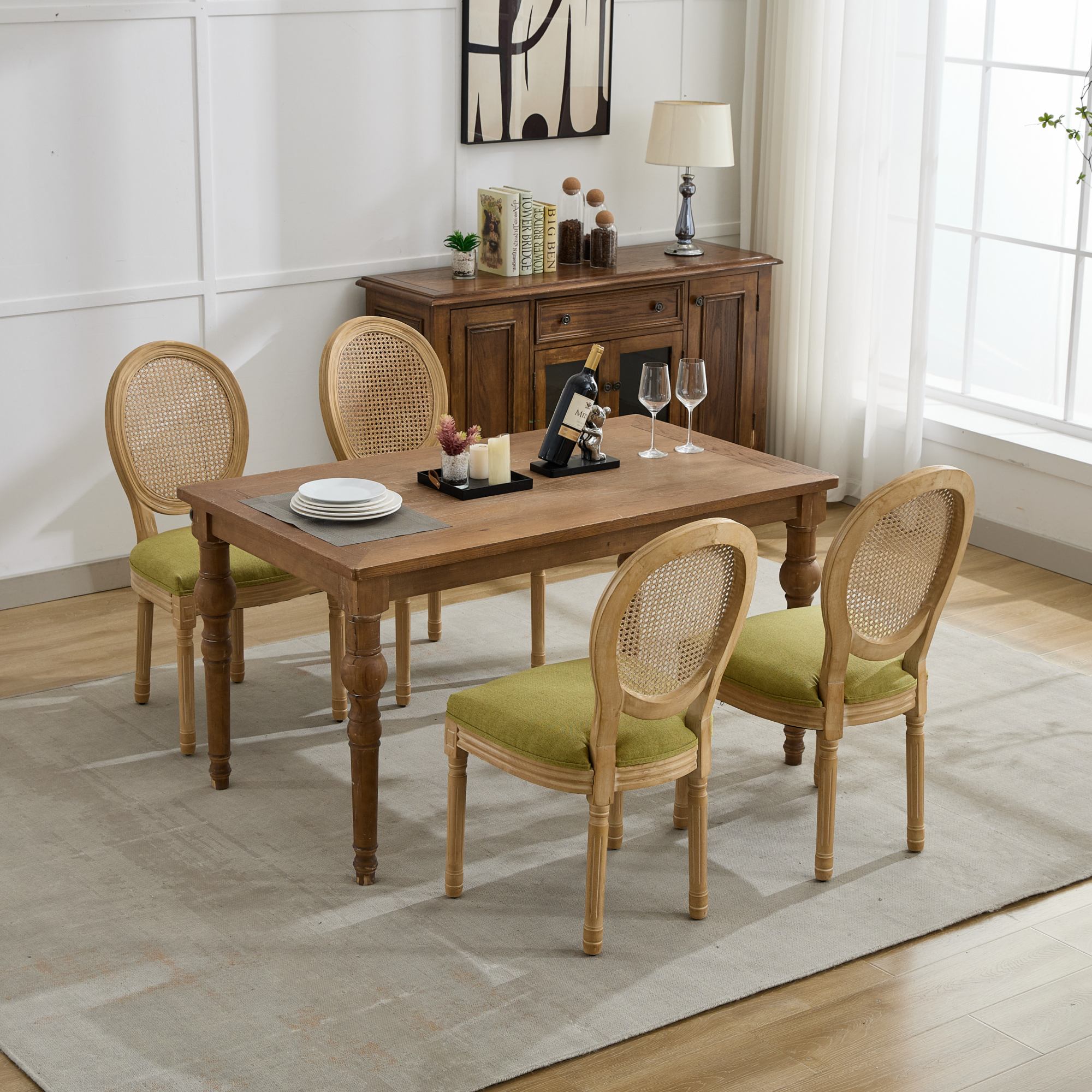 French Country Dining Chairs with Round Rattan Backrest, Set of 2