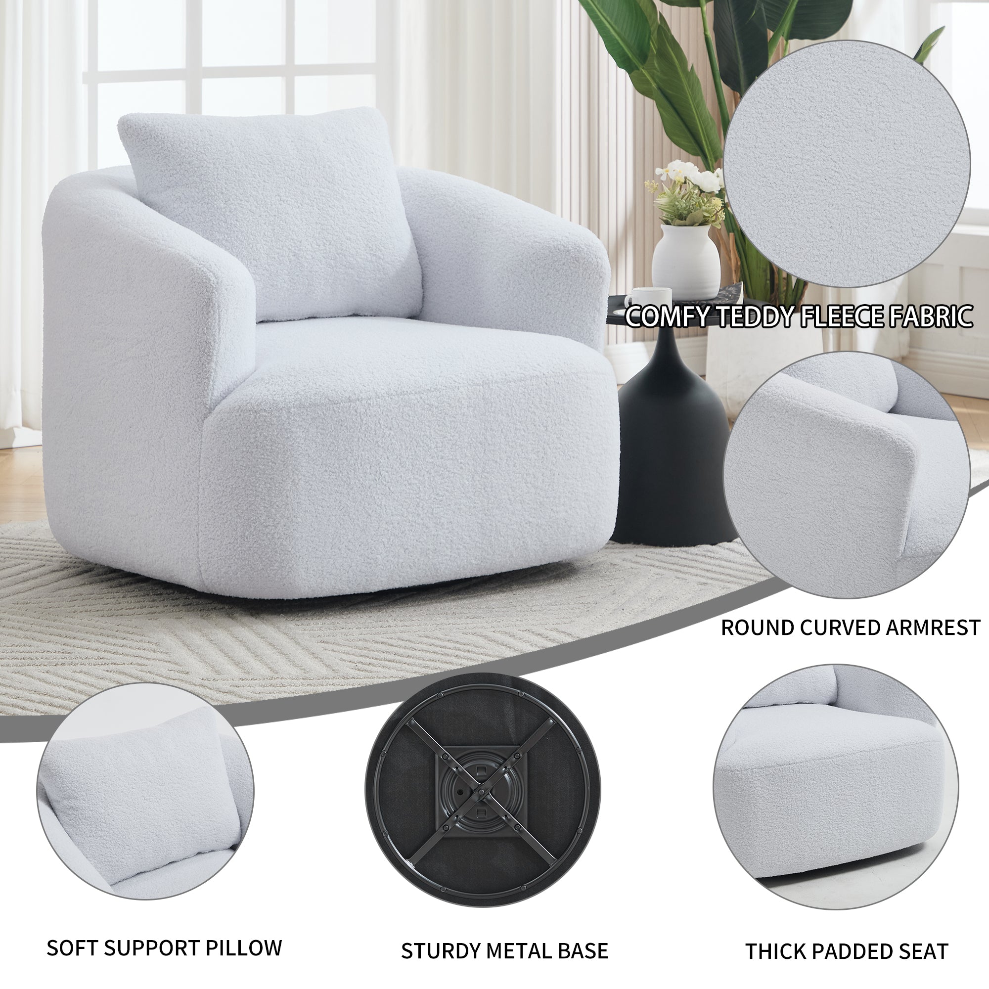 Teddy Fleece 360° Swivel Round Upholstered Comfy Accent Chair With Pillow