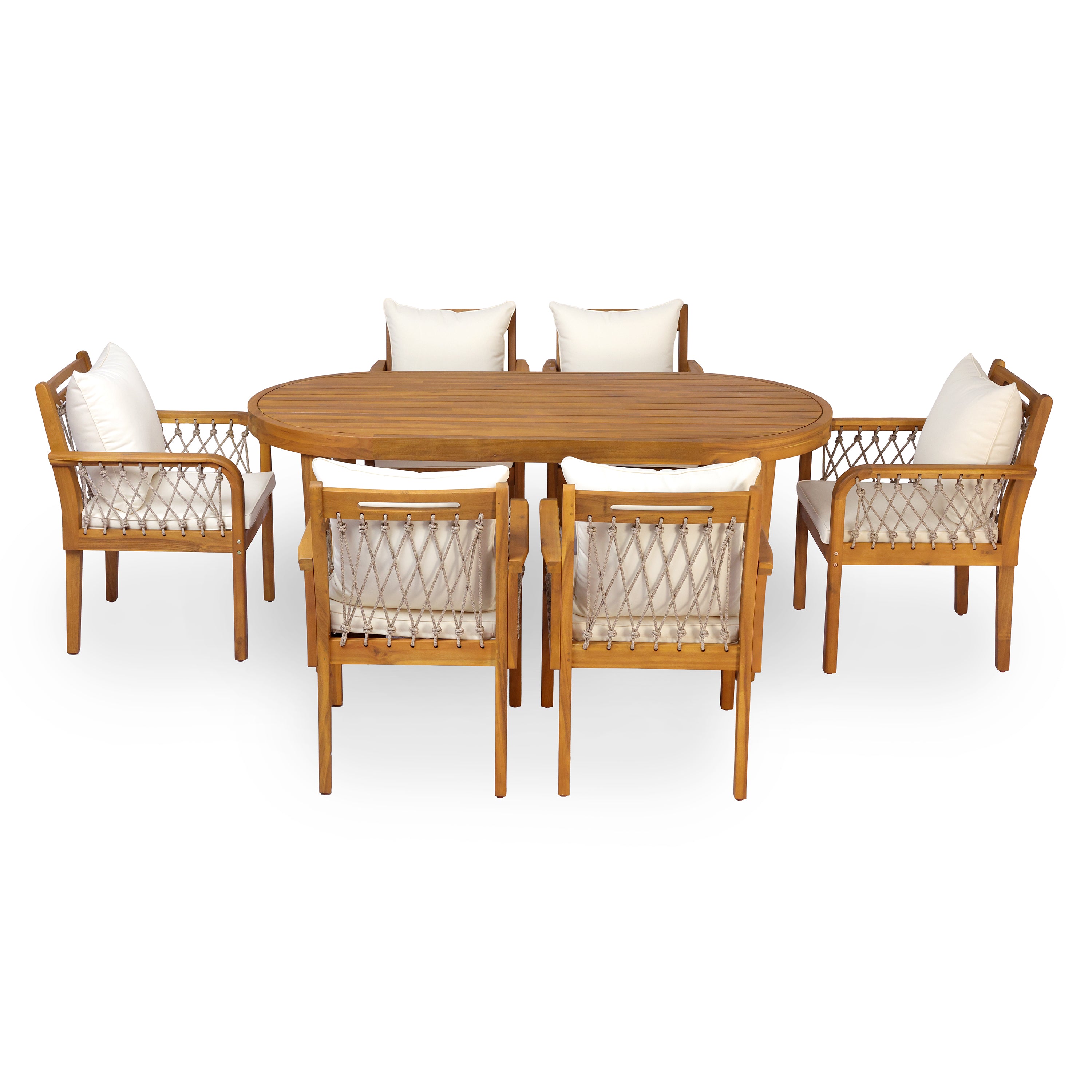 7-Piece Outdoor Acacia Wood Dining Set with Rope-Woven Armchairs