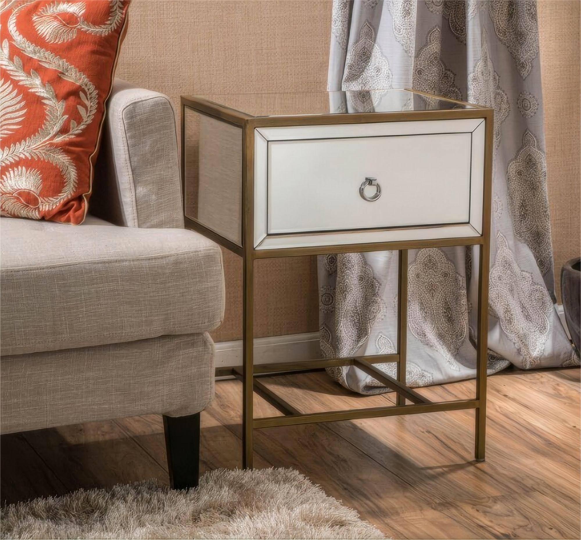 Mirror Side Table with Drawer and Metal Frame