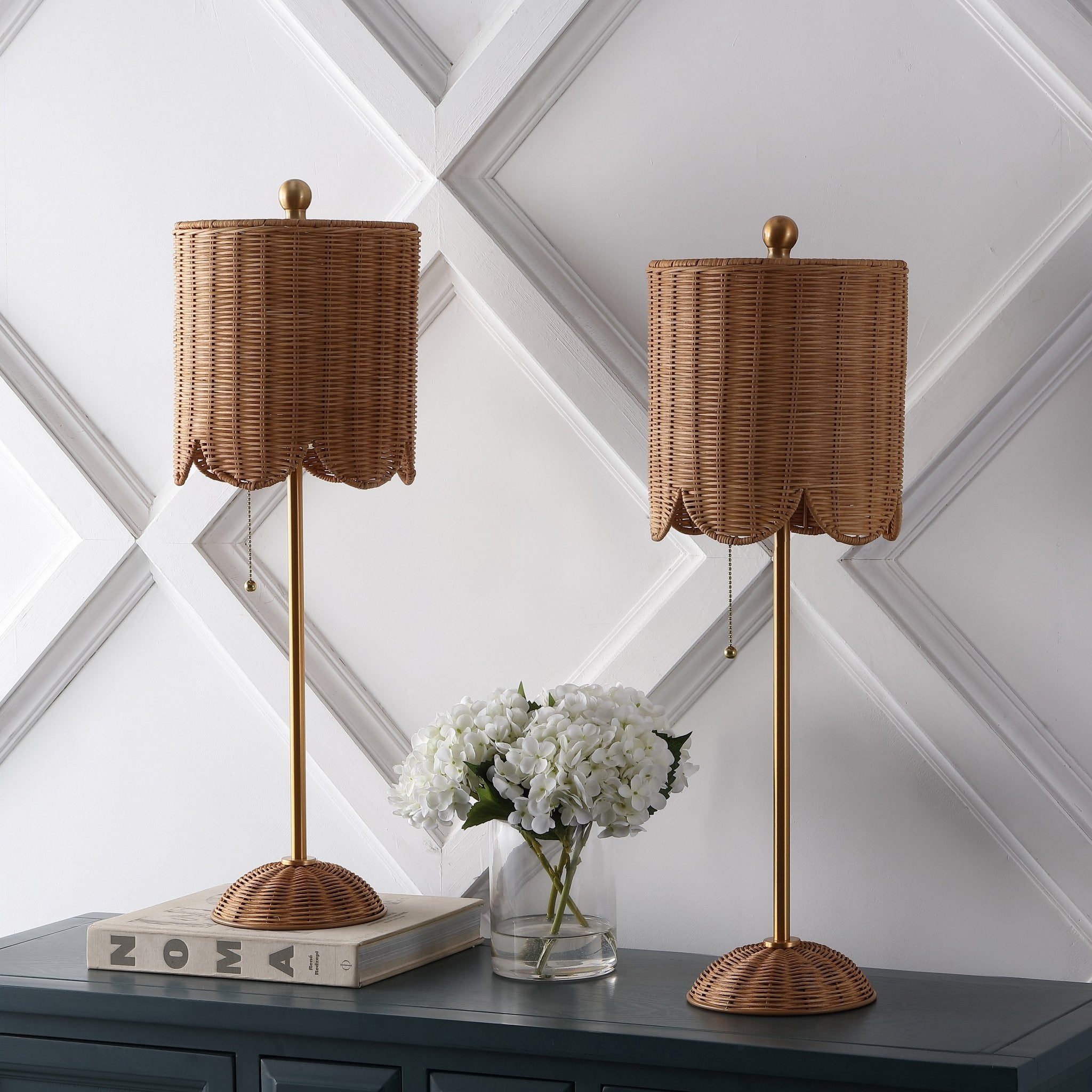 Celerie Coastal Bohemian Rattan/Iron Scalloped Buffet LED Table Lamp with Pull Chain (Set of 2) - Table Lamps
