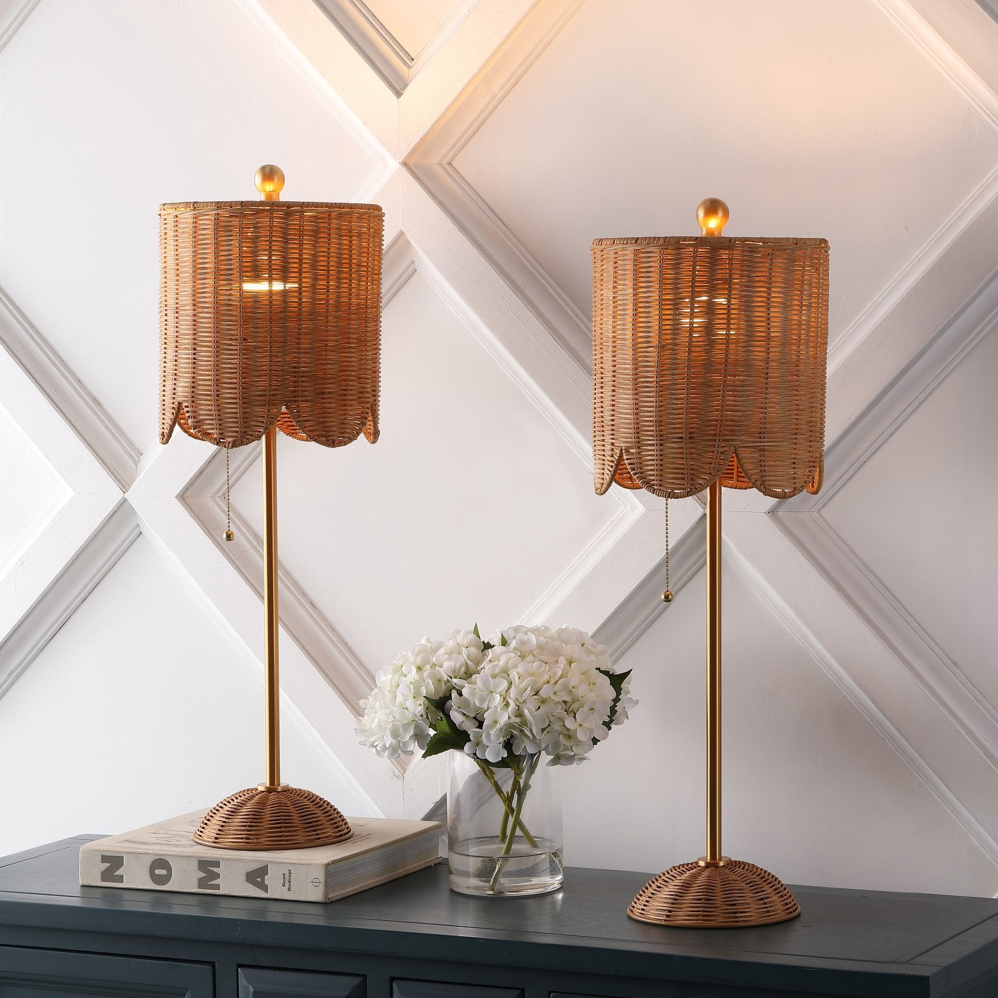 Celerie Coastal Bohemian Rattan/Iron Scalloped Buffet LED Table Lamp with Pull Chain (Set of 2) - Table Lamps