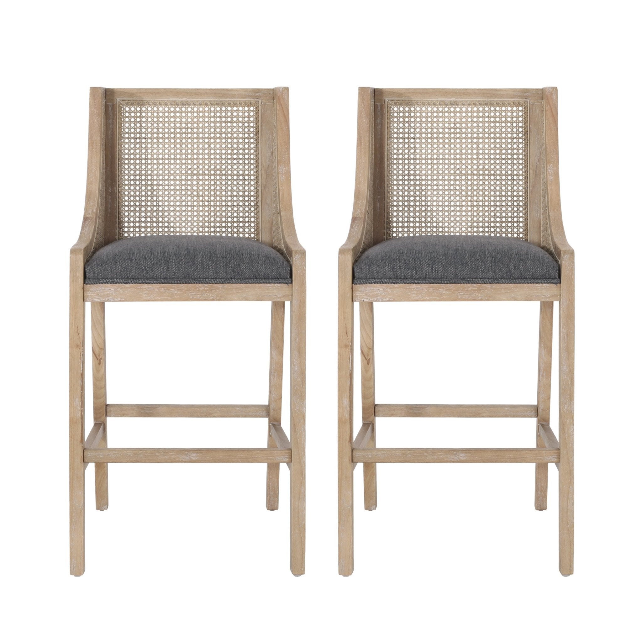 Celestiality Upholstered Barstool with Cane Webbing Backrest, Set of 2 - Bar Stools