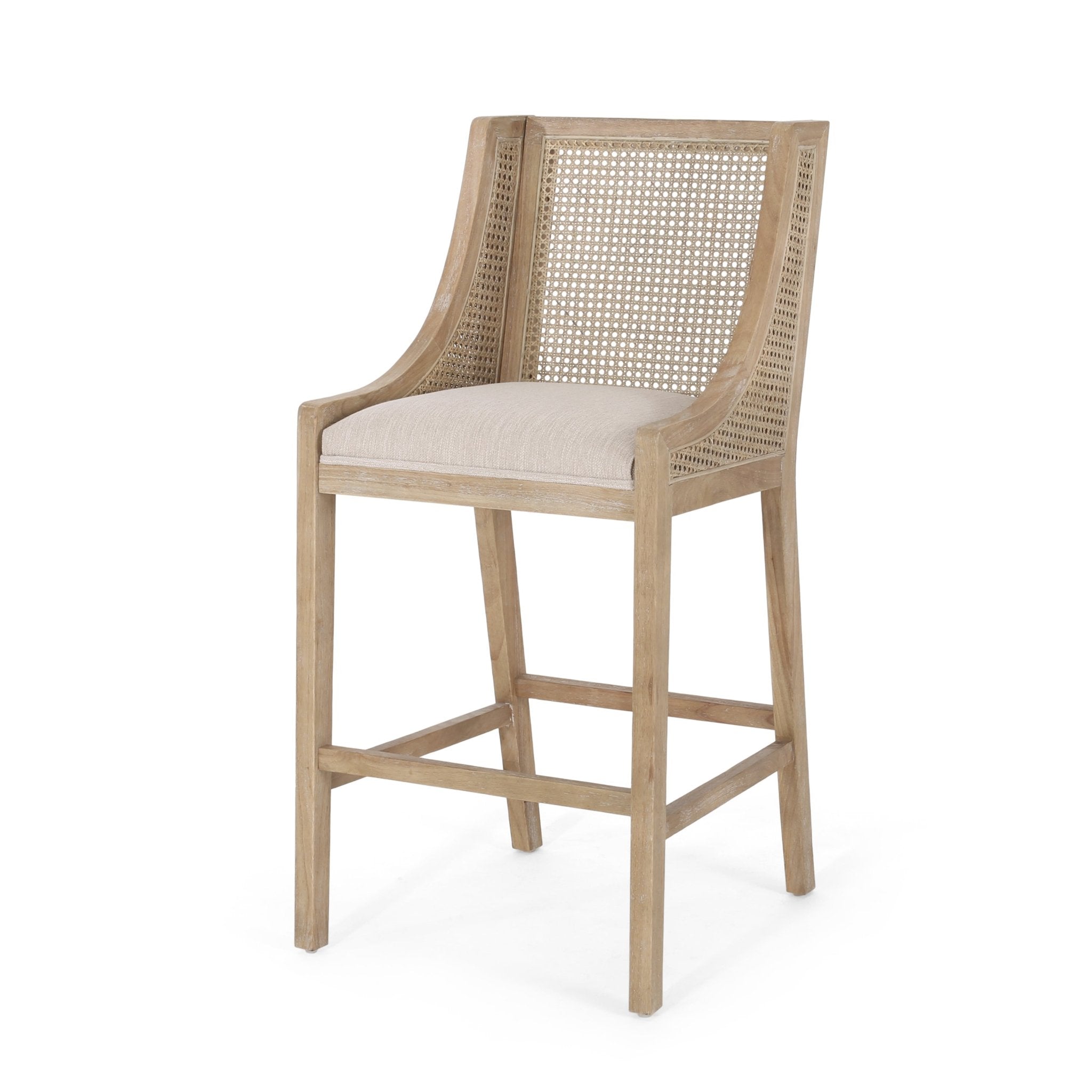 Celestiality Upholstered Barstool with Cane Webbing Backrest, Set of 2 - Bar Stools