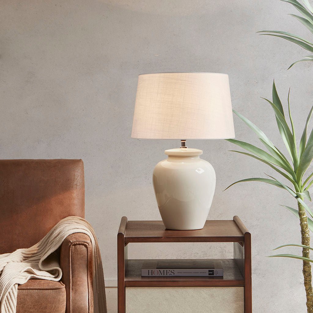 Ceramic Table Lamp with Vase - Shaped Base and Drum Shade - Table Lamps