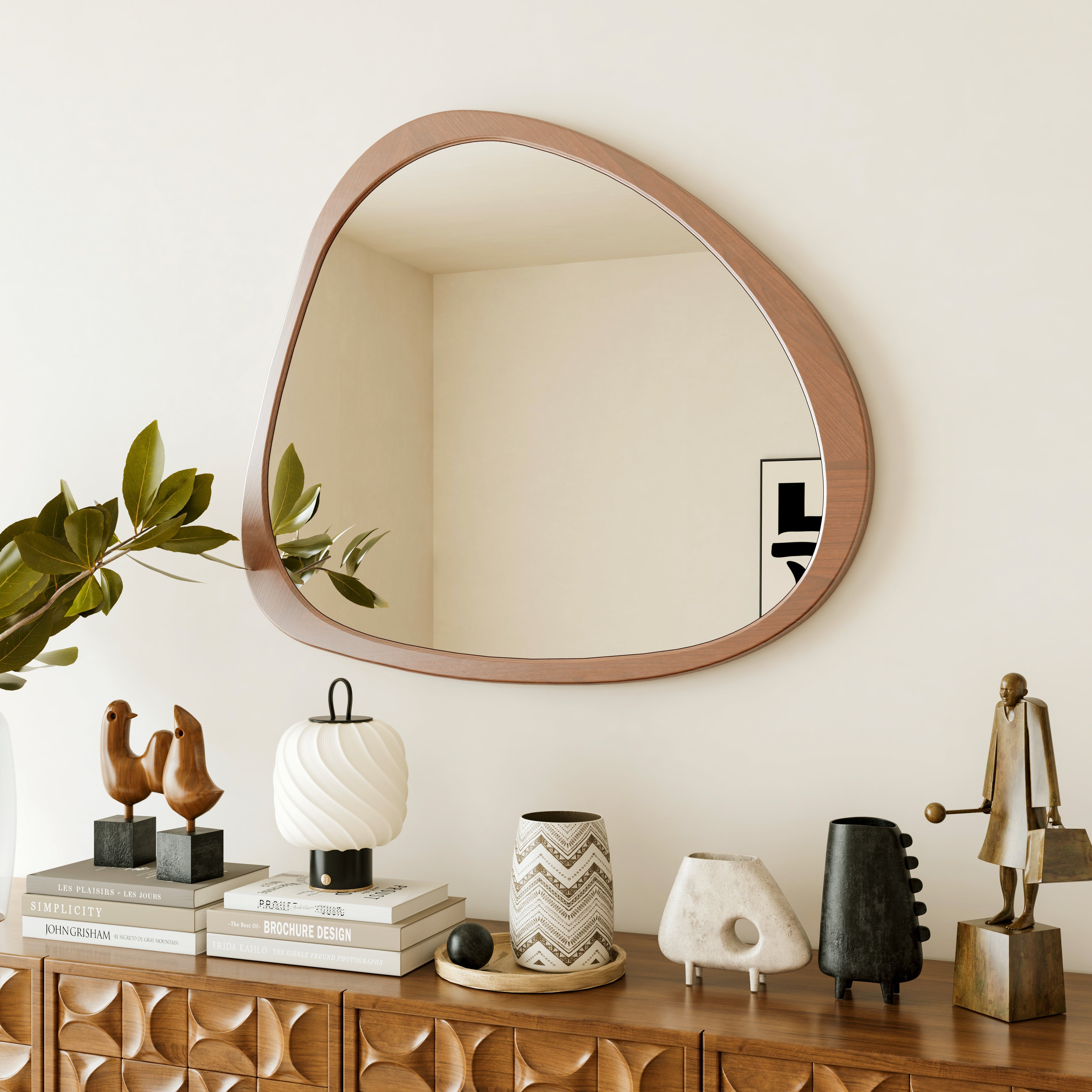 45" Wall Mirror with Curvy Shape and Pine Wood Frame
