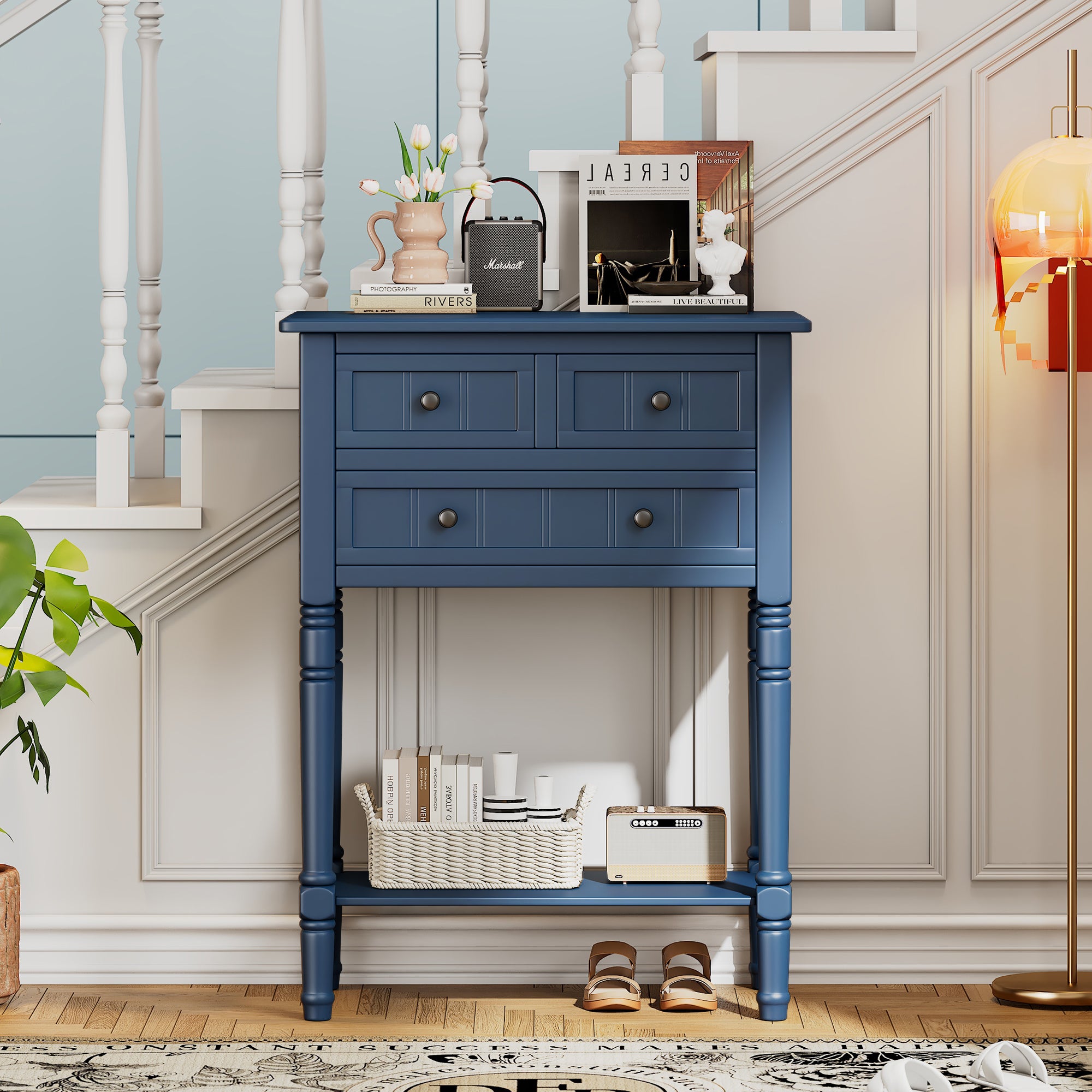 Conquest Narrow Console Table with 3 Drawers and Bottom Shelf