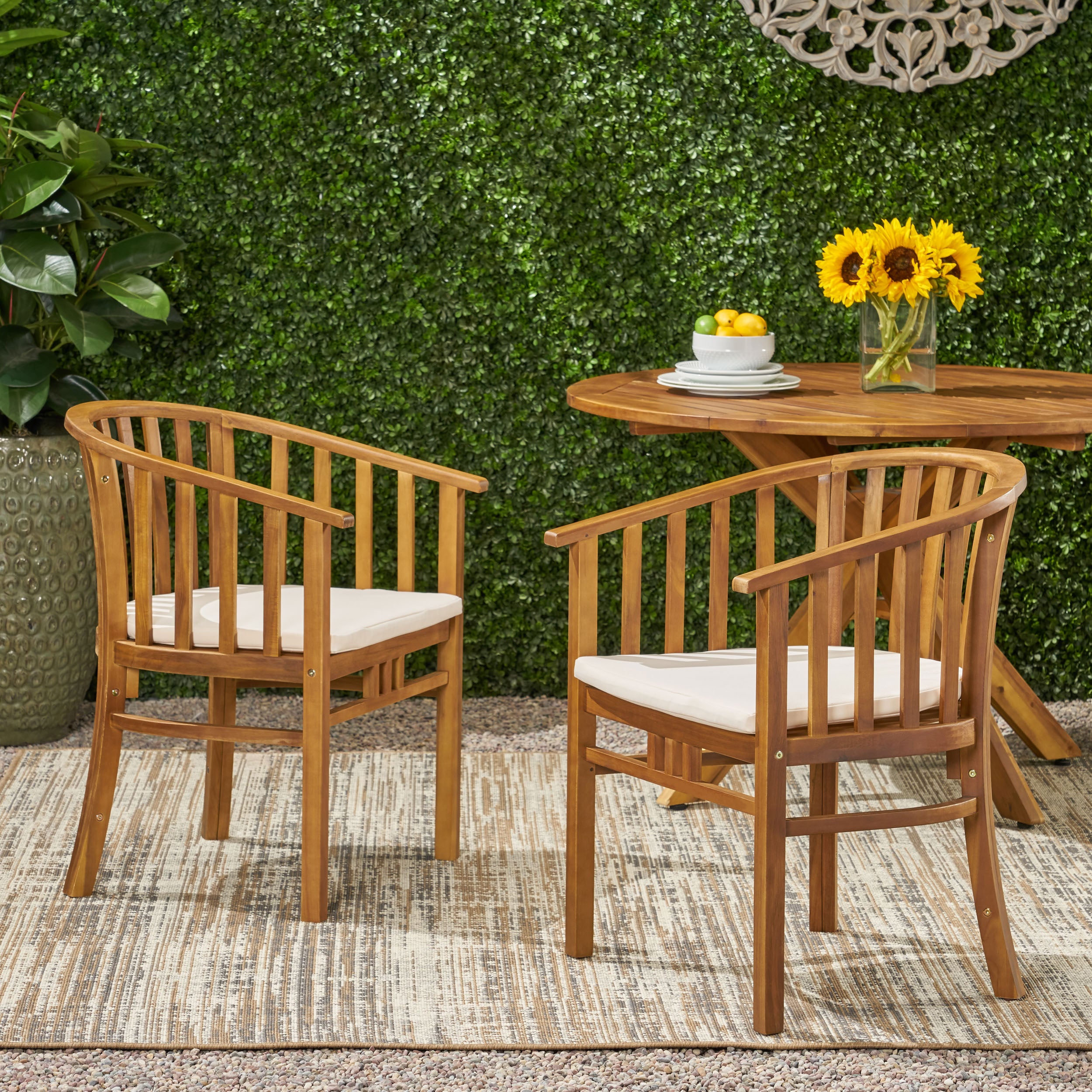 Venerable Outdoor Dining Chair with Slatted Back and Cushion Seat, Set of 2