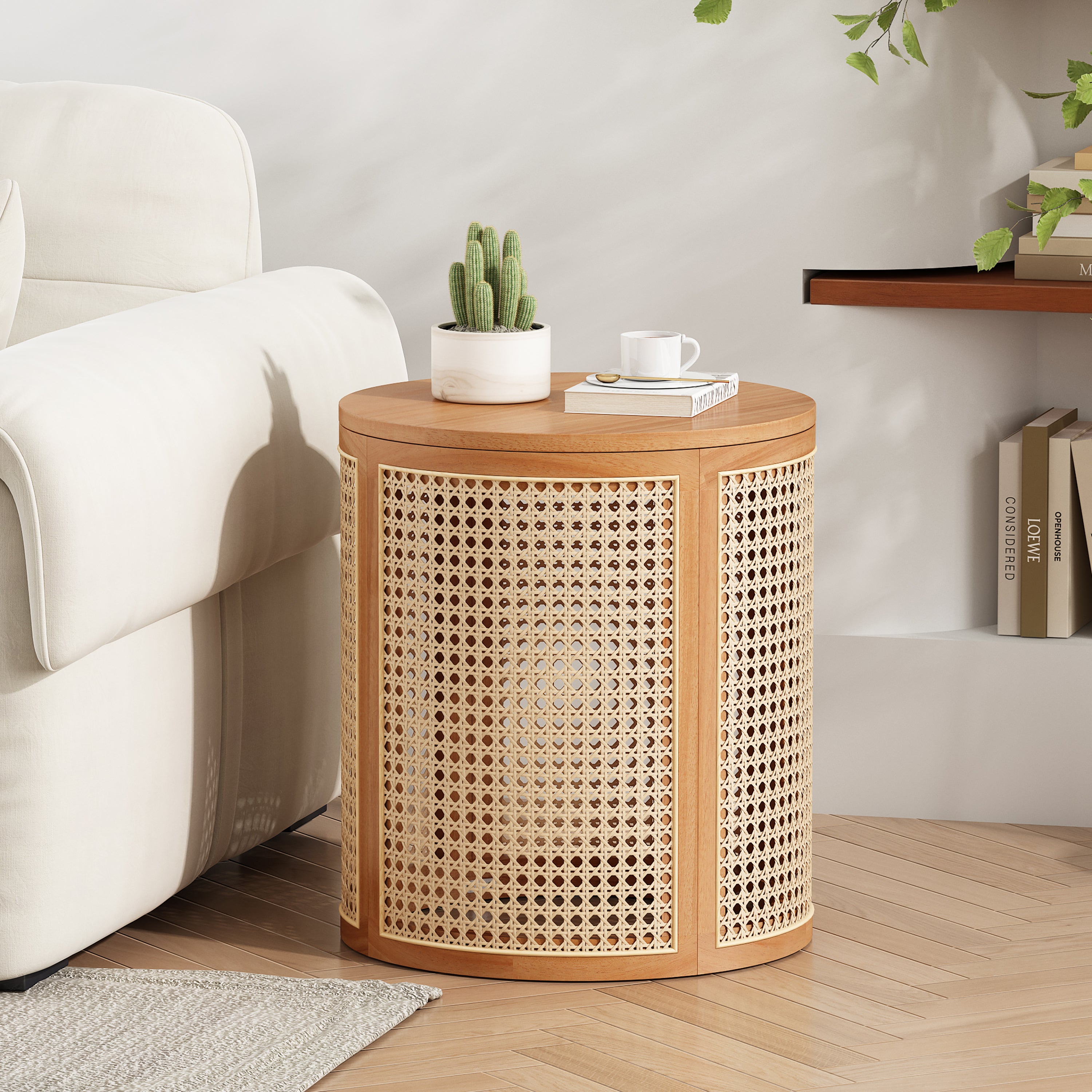 Round Rattan Pillar Storage Accent Table