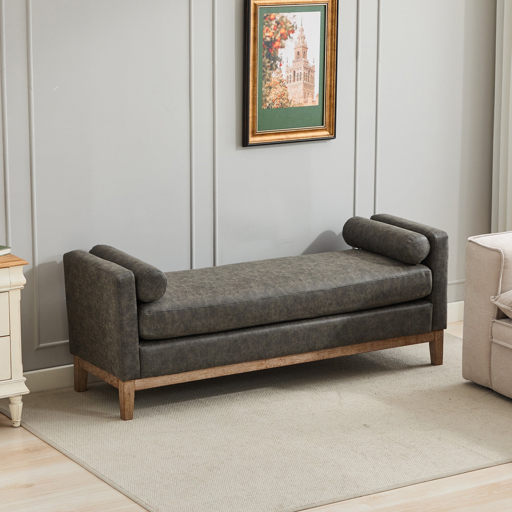 Upholstered Bench with Wood Legs and Two Bolster Pillows