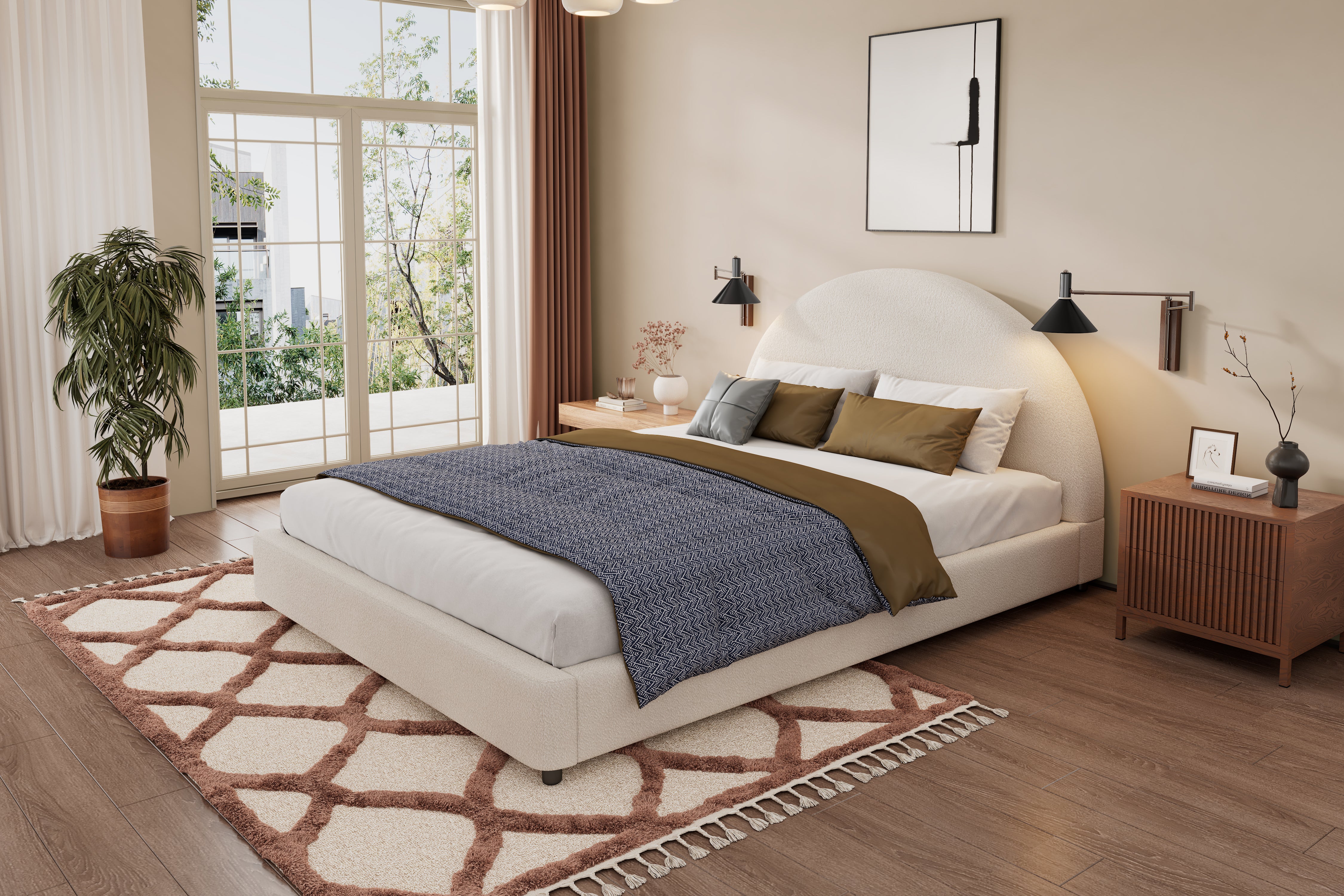 Bed Frame With Boucle Upholstered Round Curved Headboard