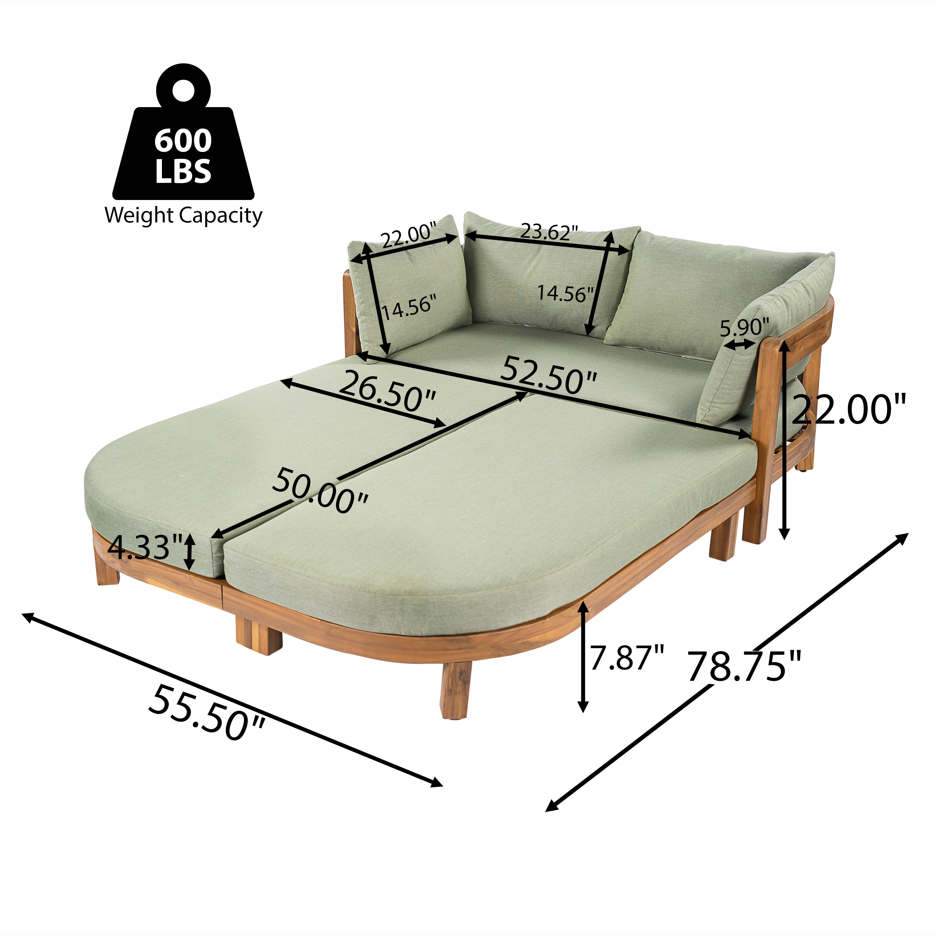 Donovan Outdoor Wood Daybed, Teak Finish With Green Cushion