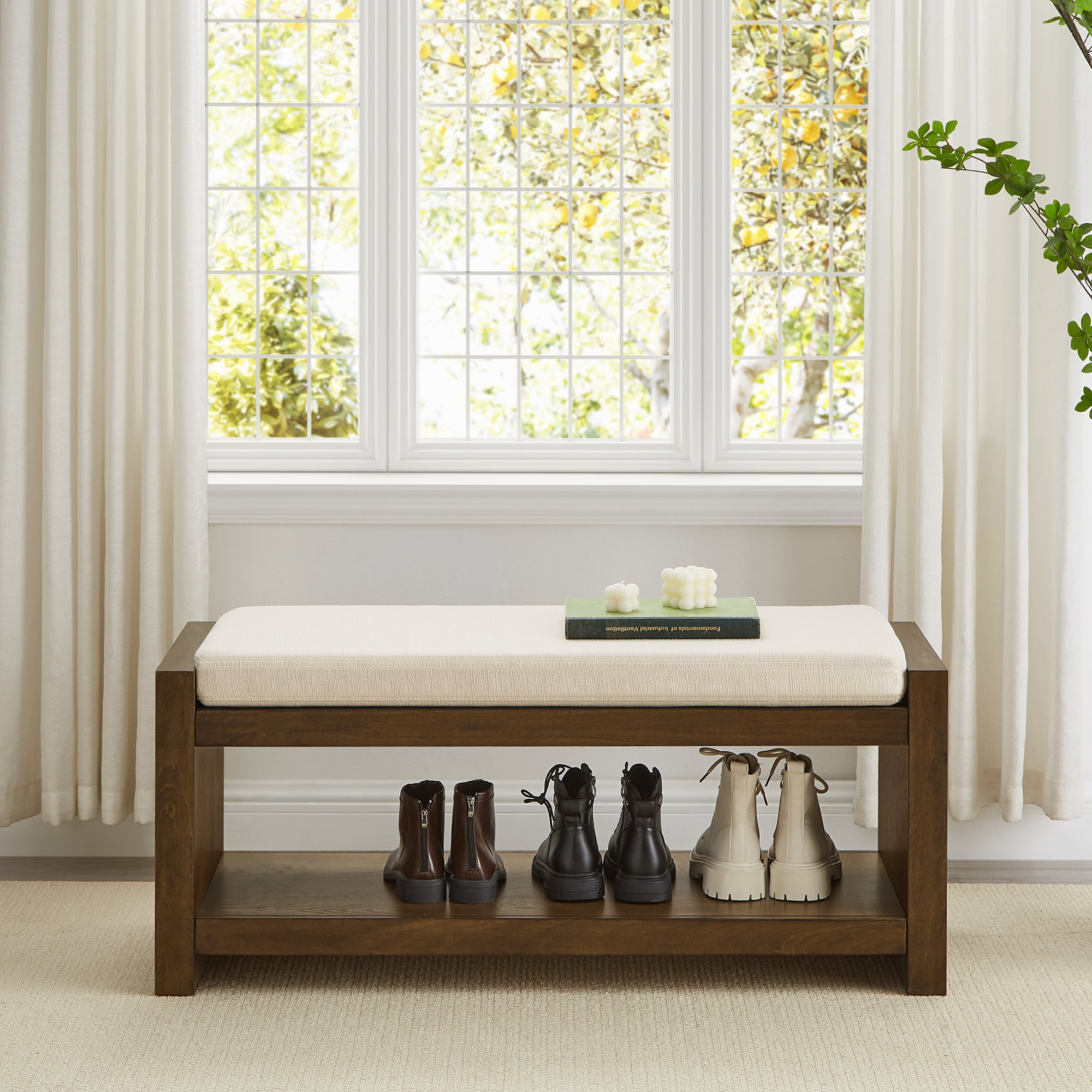 Accent Bench with Lower Shelf Shoe Rack and Padded Seating