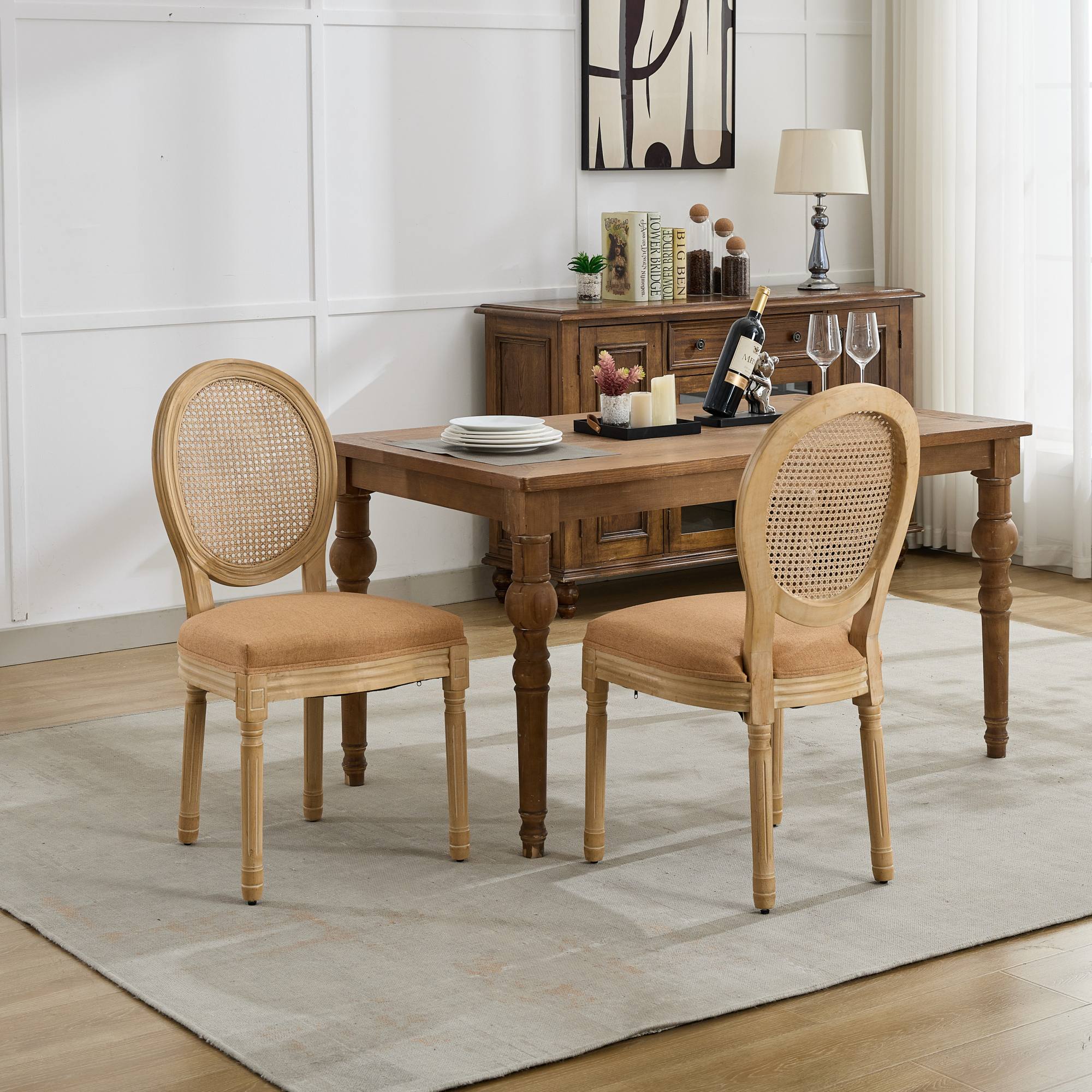French Country Dining Chairs with Round Rattan Backrest, Set of 2