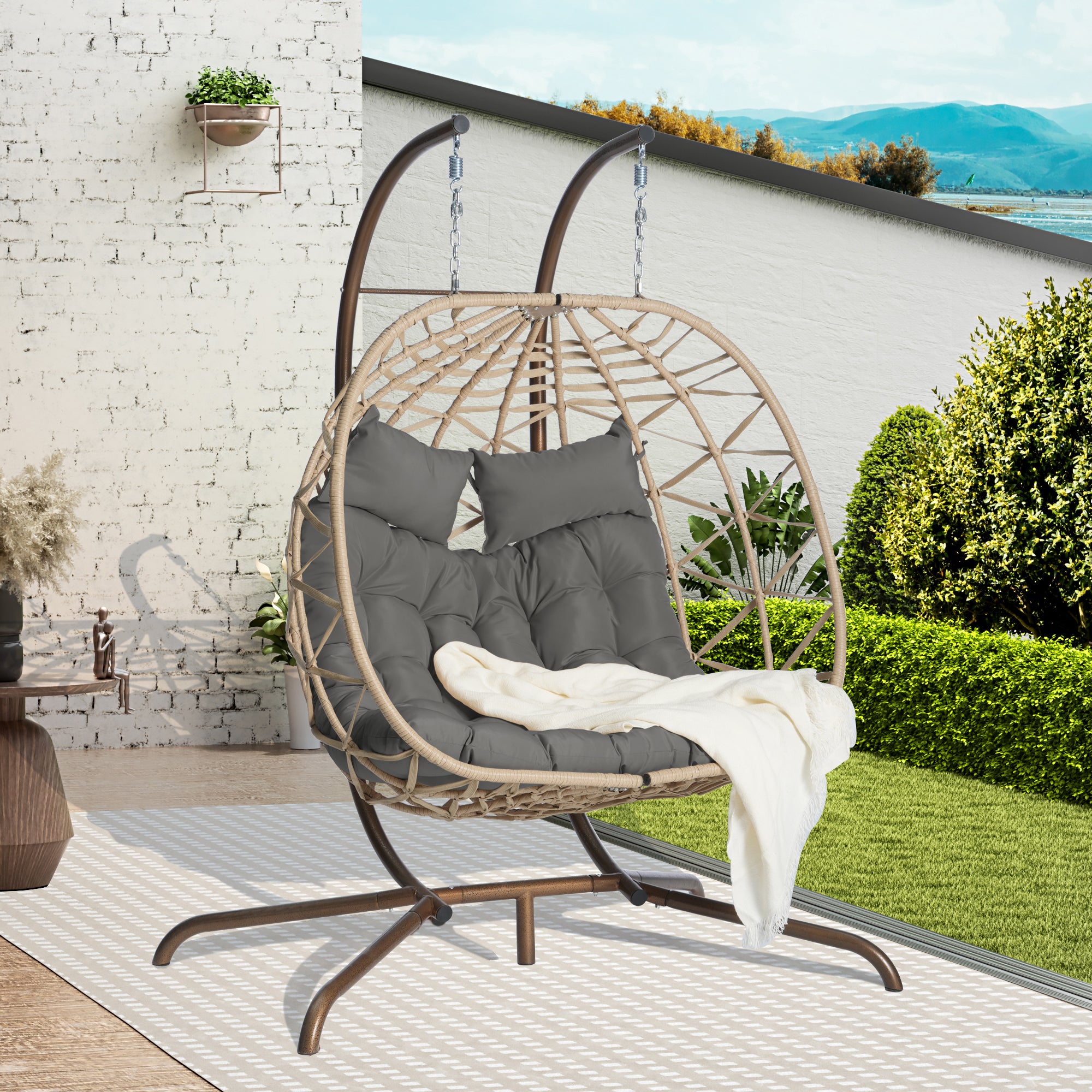 2-Person Outdoor Wicker Rattan Egg Chair with Stand Hanging