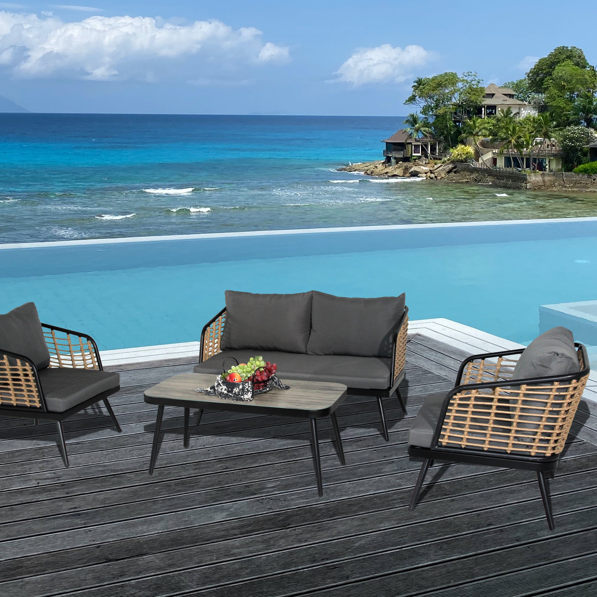 4-Piece Patio Set with Coffee Table, Loveseat and 2 Single Sofas