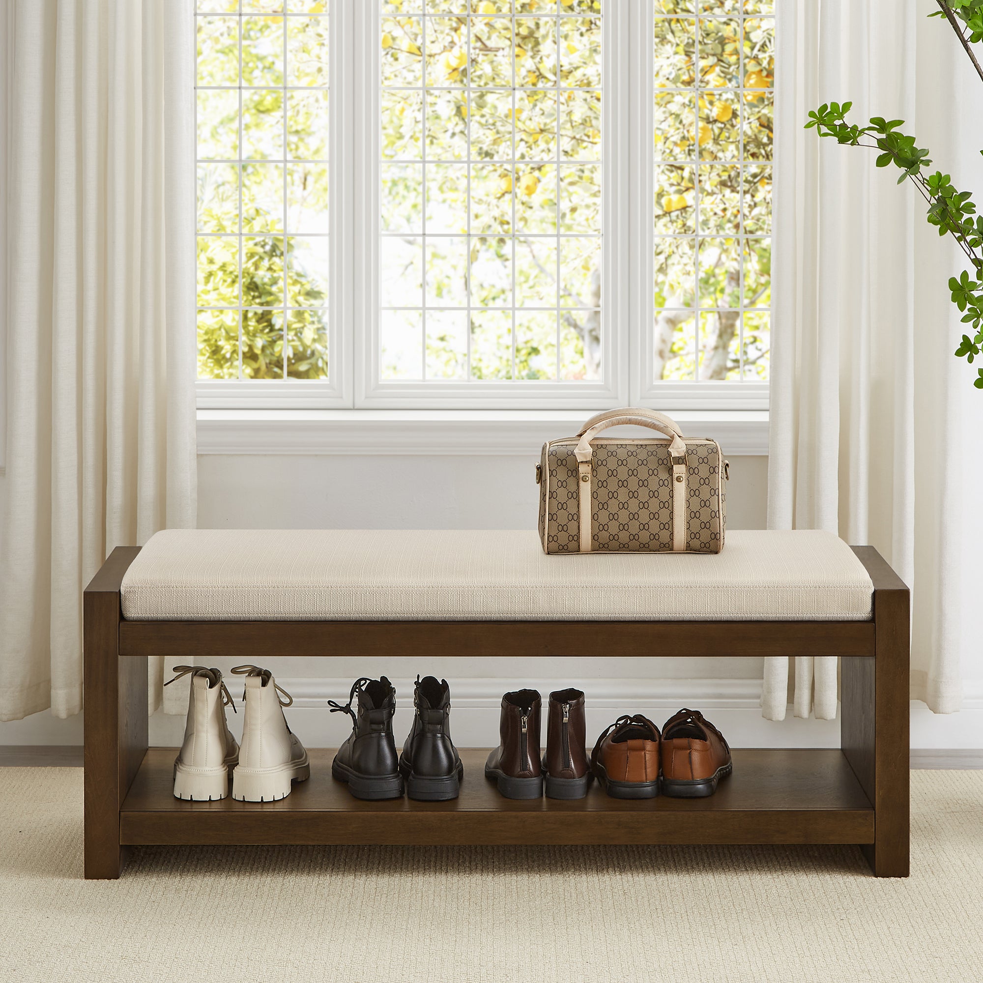 Accent Bench with Lower Shelf Shoe Rack and Padded Seating