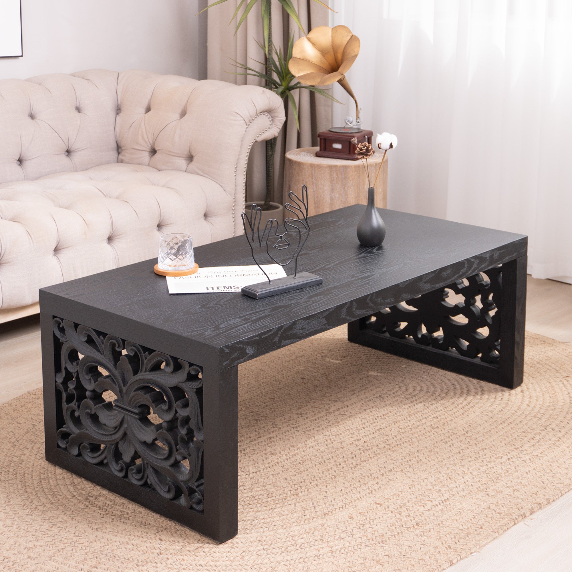 Handcrafted Rustic Wood Coffee Table with Ornate Side Panels