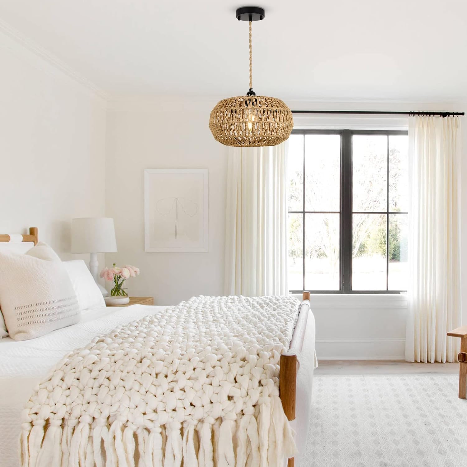 Pendant Light with Rope Cage Basket and Adjustable Height