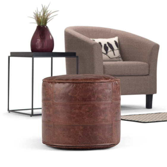 Coelentera Buffalo Leather Round Pouf with Top Stitching Detail and Concealed Zipper - Pouf