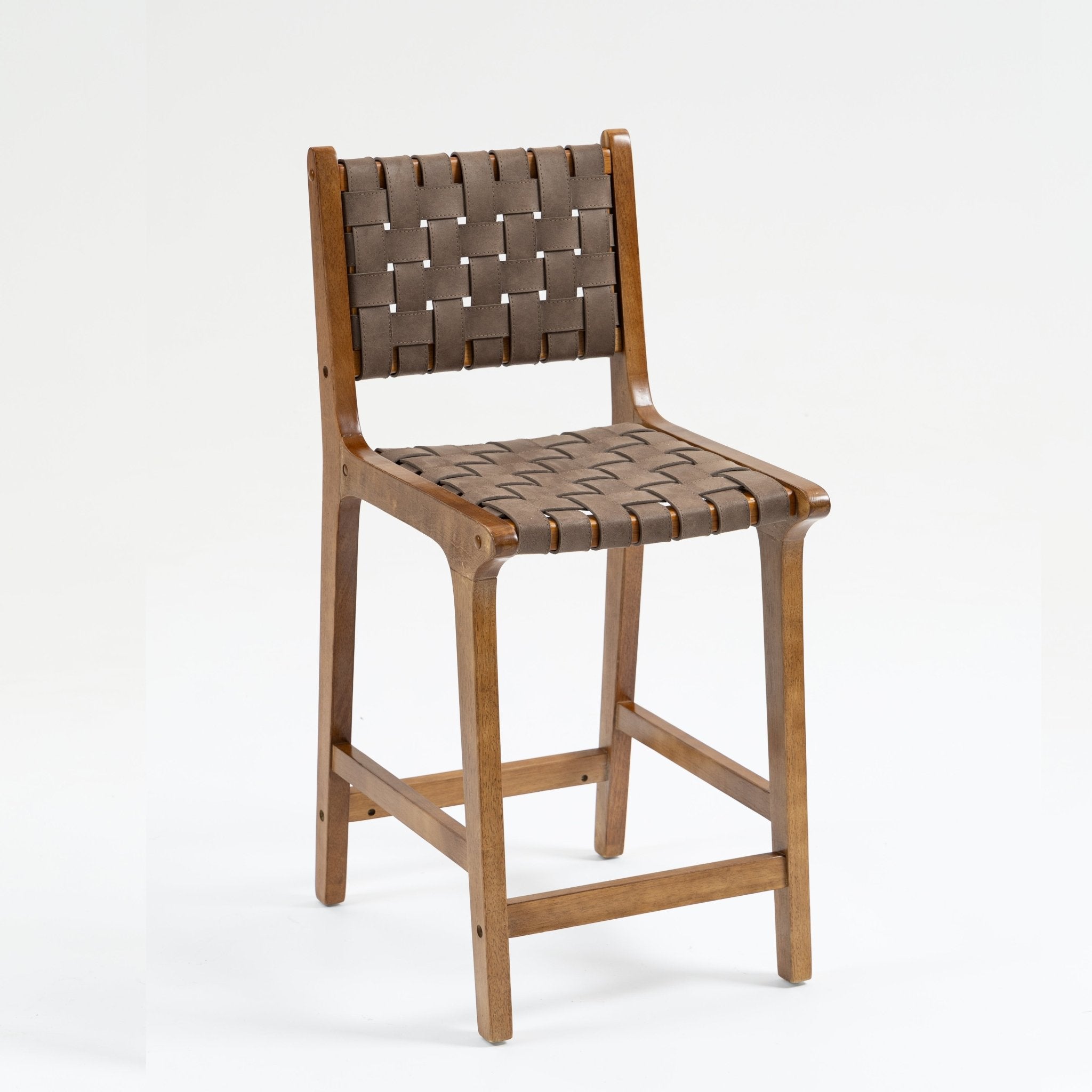 Counter Stool with Leather Woven and Wood Frame, Set of 2 - Counter Stools
