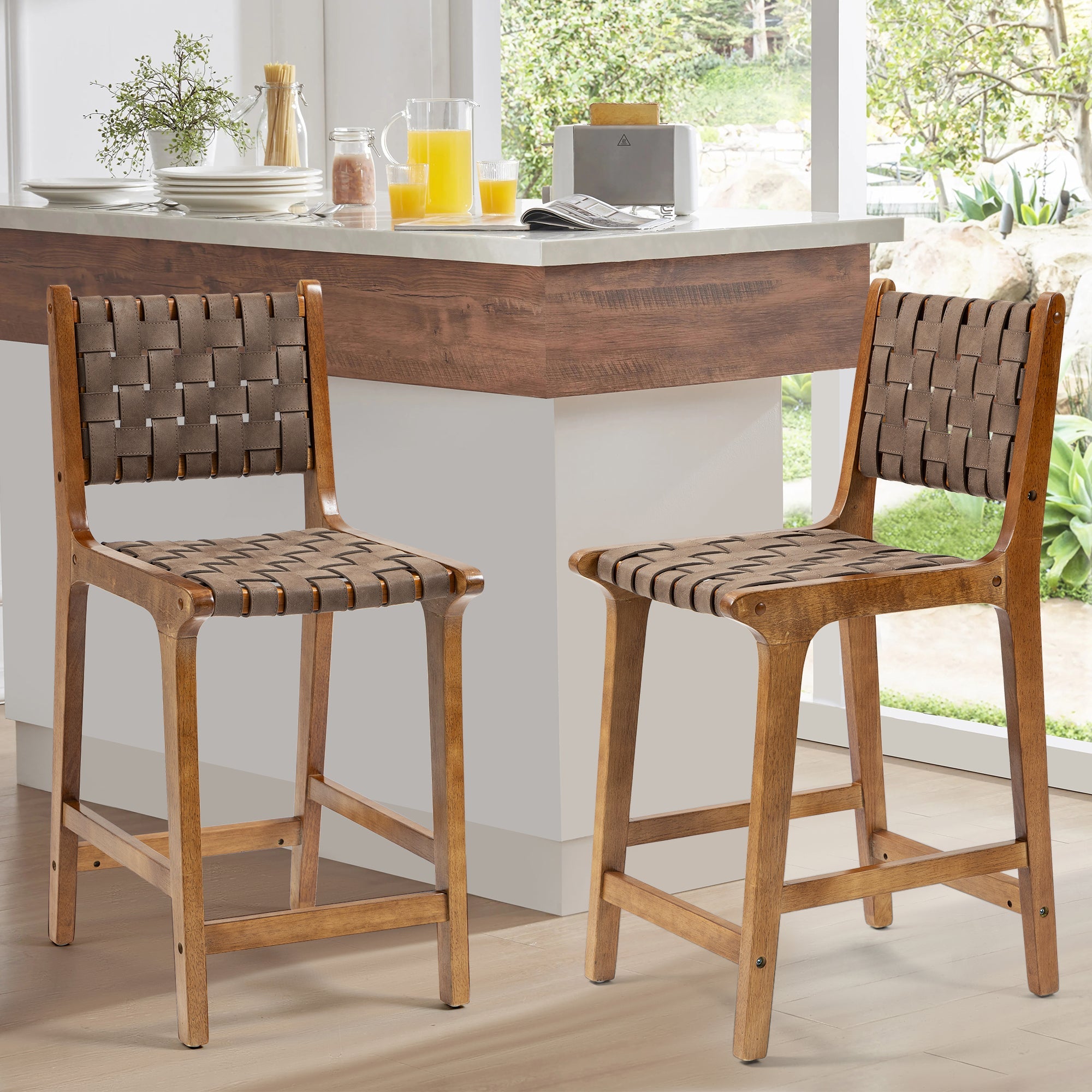 Counter Stool with Leather Woven and Wood Frame, Set of 2 - Counter Stools