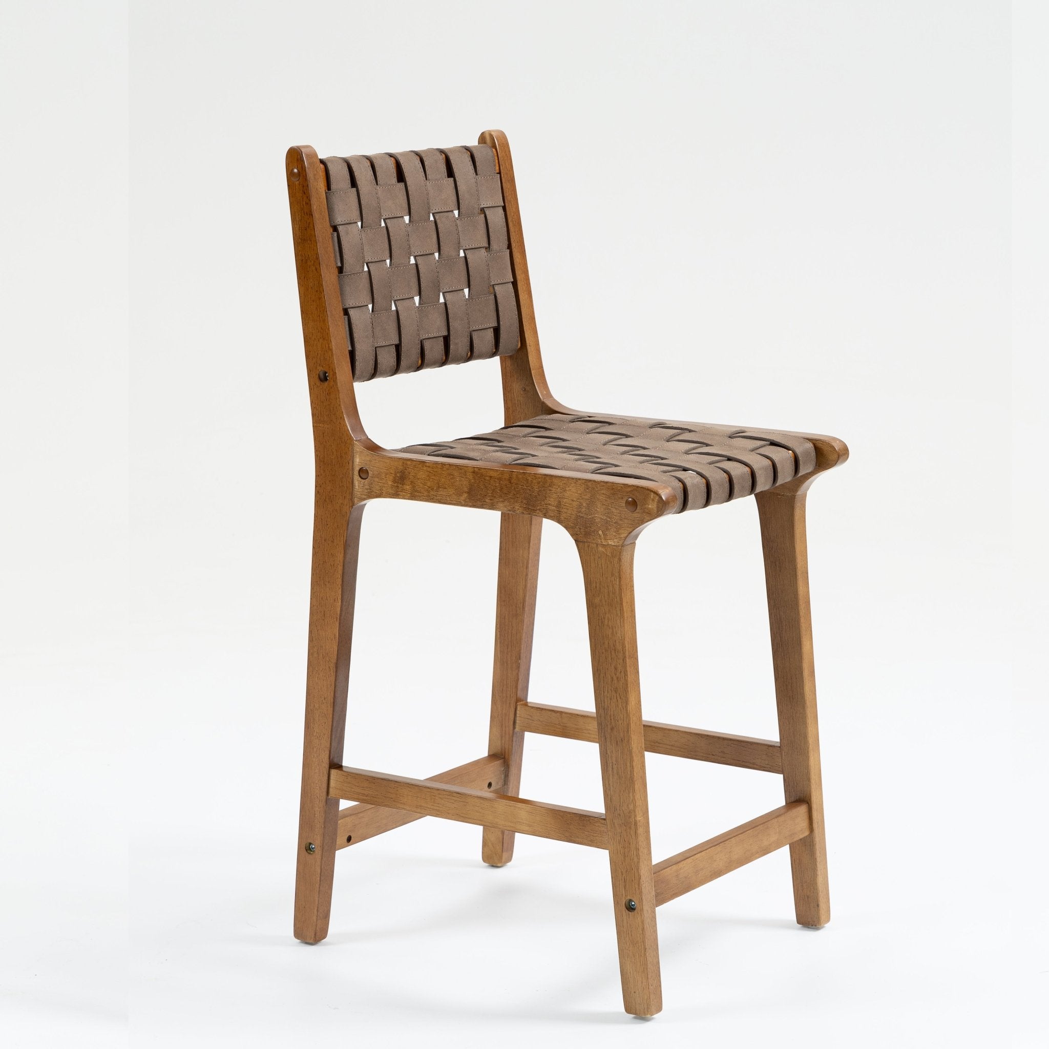 Counter Stool with Leather Woven and Wood Frame, Set of 2 - Counter Stools