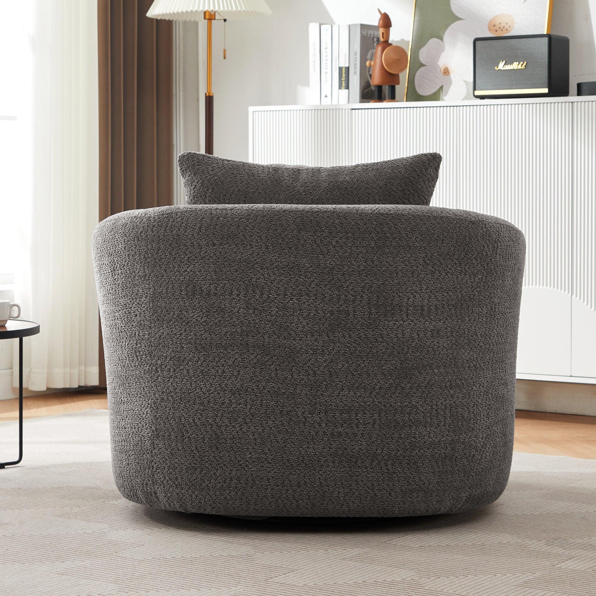 360° Swivel Barrel Chenille Upholstered Accent Chair with Throw Pillow