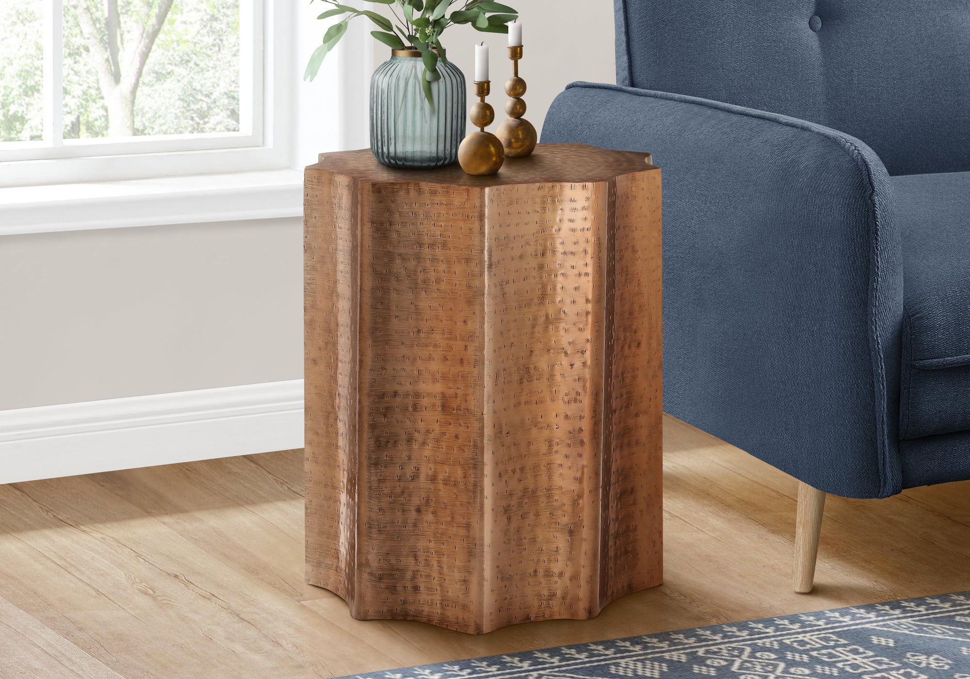 Artifact End Table with Scalloped Design and Hammered Texture