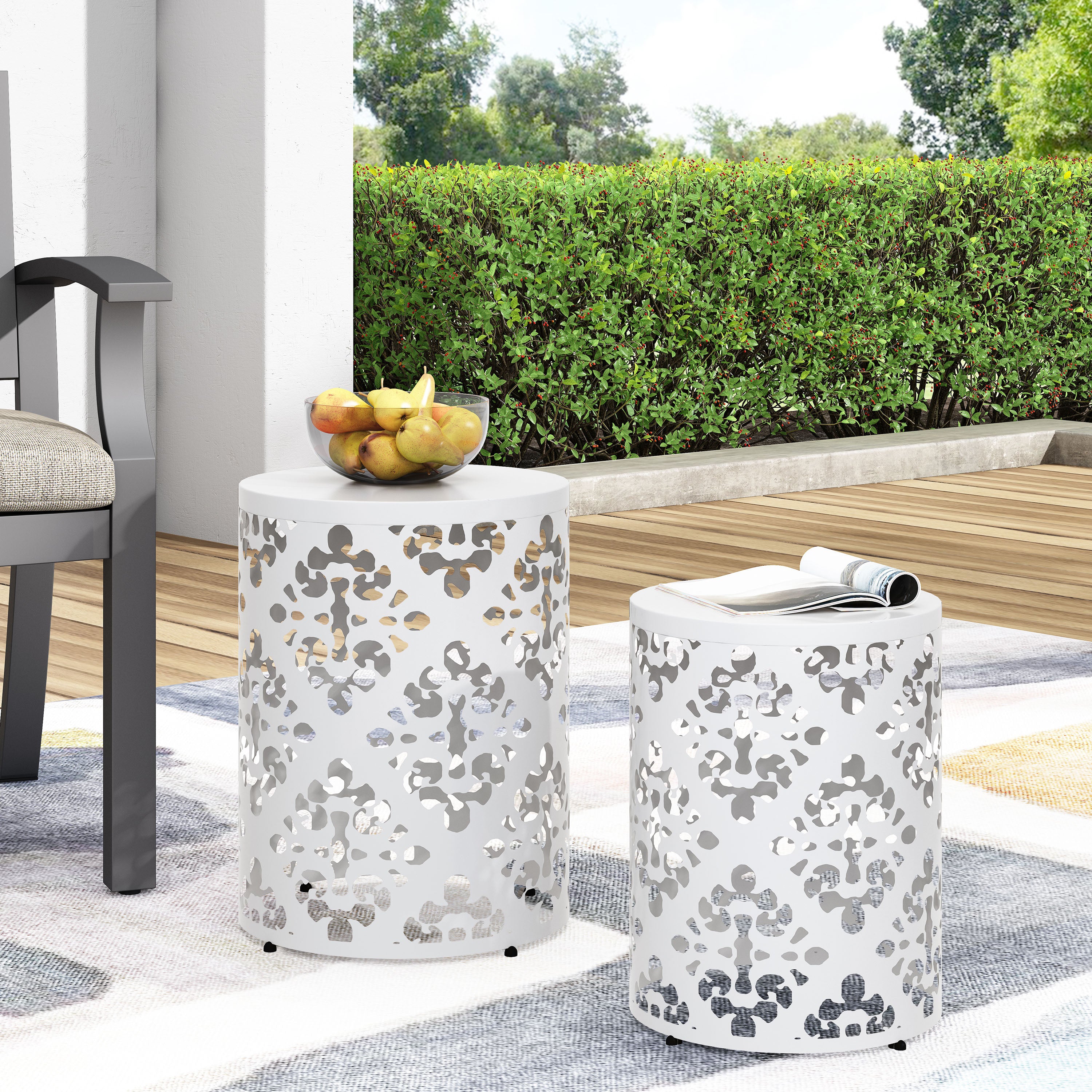 Refinery 2-Piece Outdoor End Table Set with Floral Patten and Iron Cut Design