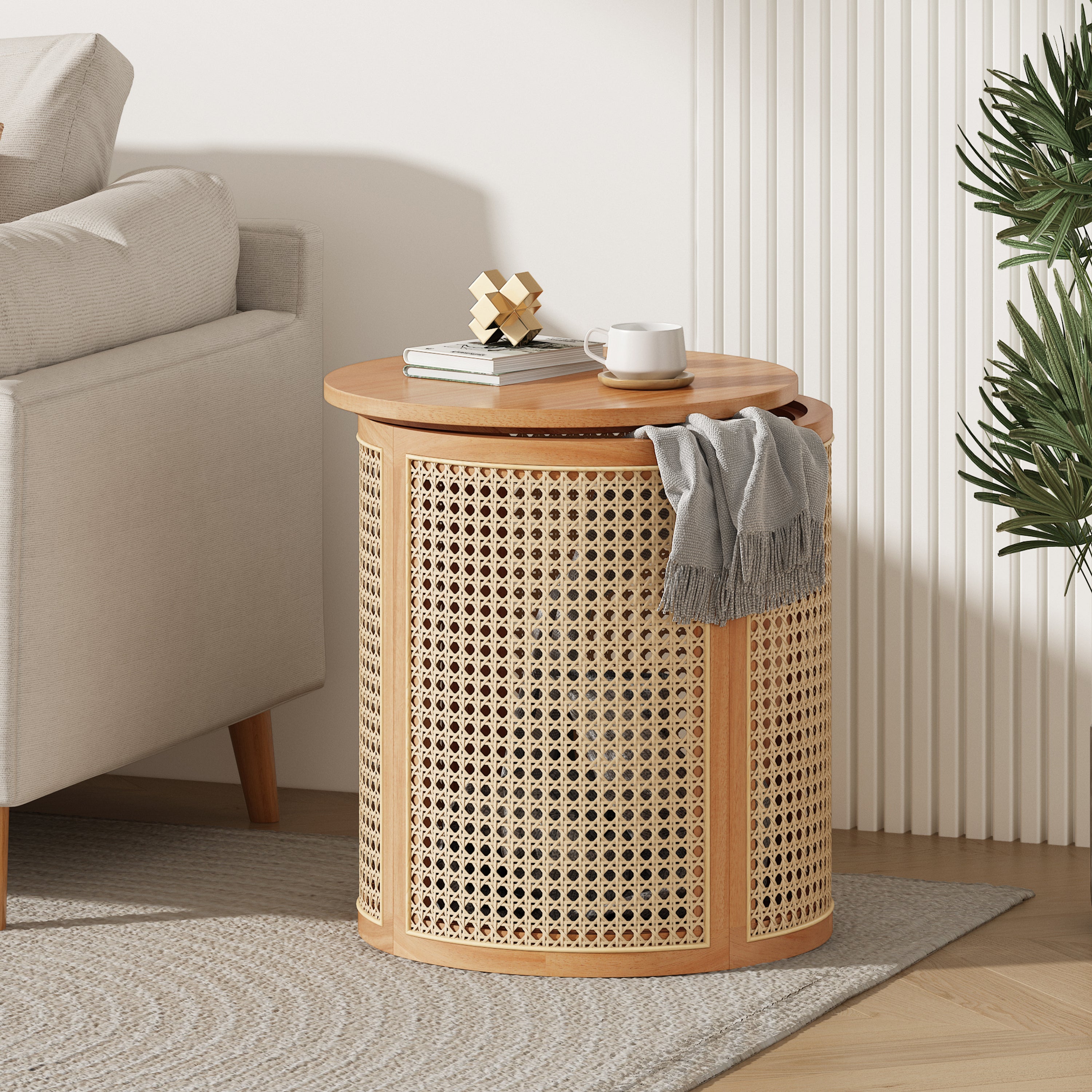 Round Rattan Pillar Storage Accent Table