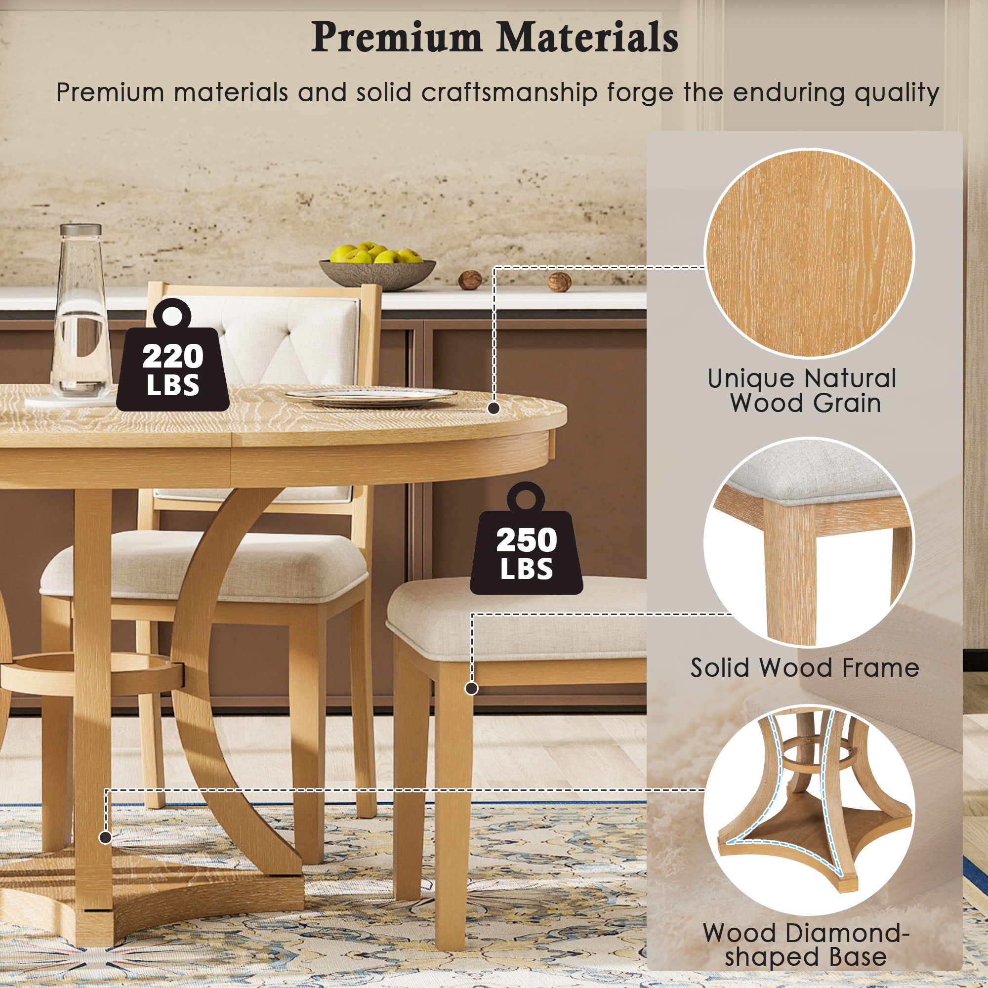 Retro Round Dining Table Set with Extendable Round Table and 4 Upholstered Chairs