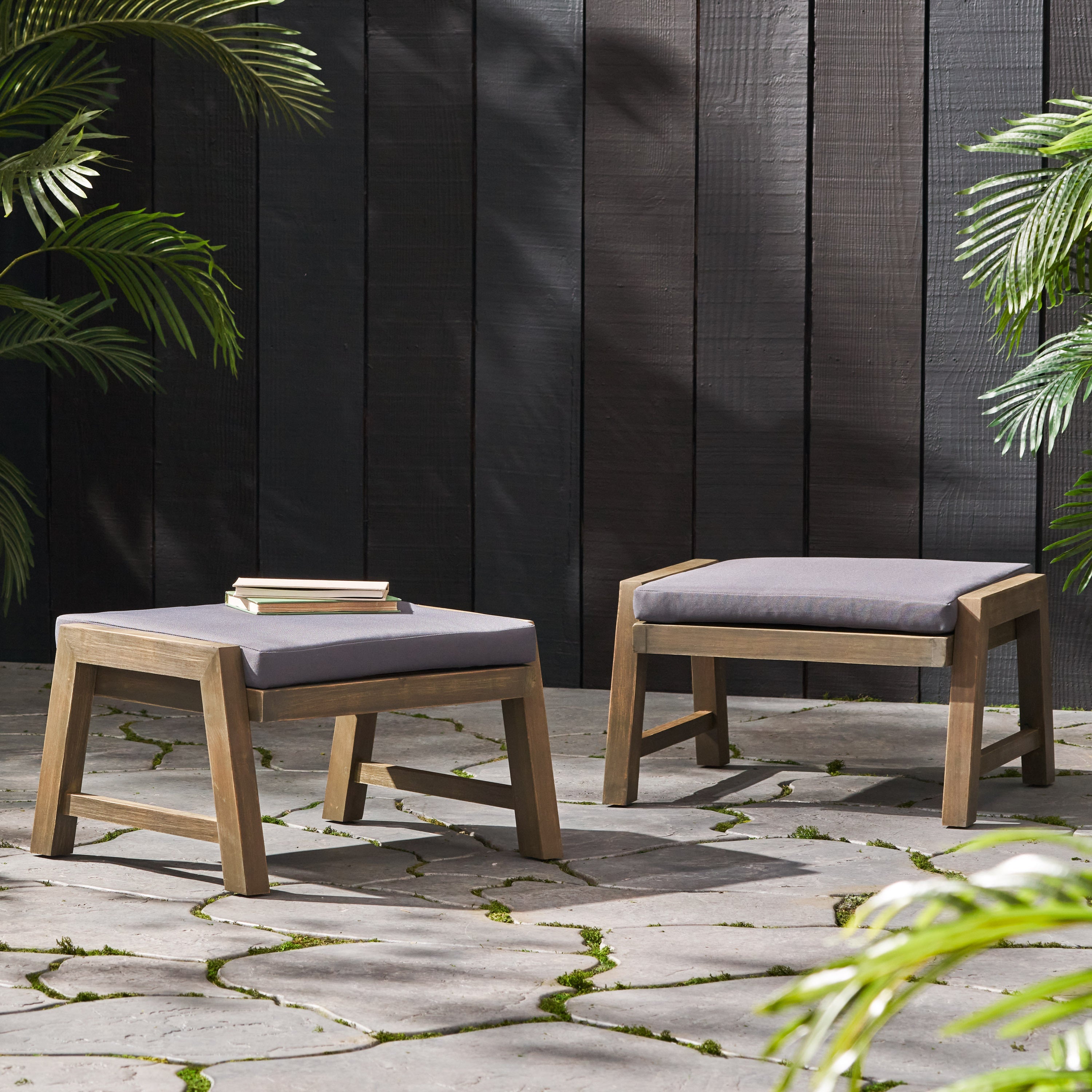 Brixton Acacia Wood Outdoor Ottomans with Cushion, Set of 2
