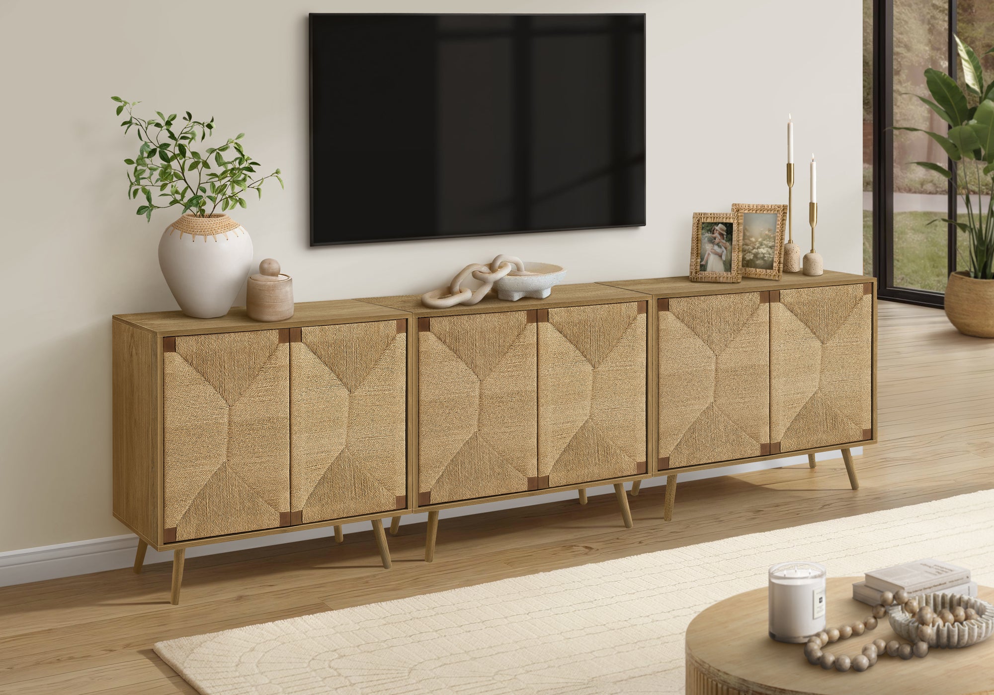 Mid Century Seagrass-Look 2-Door Accent Chest