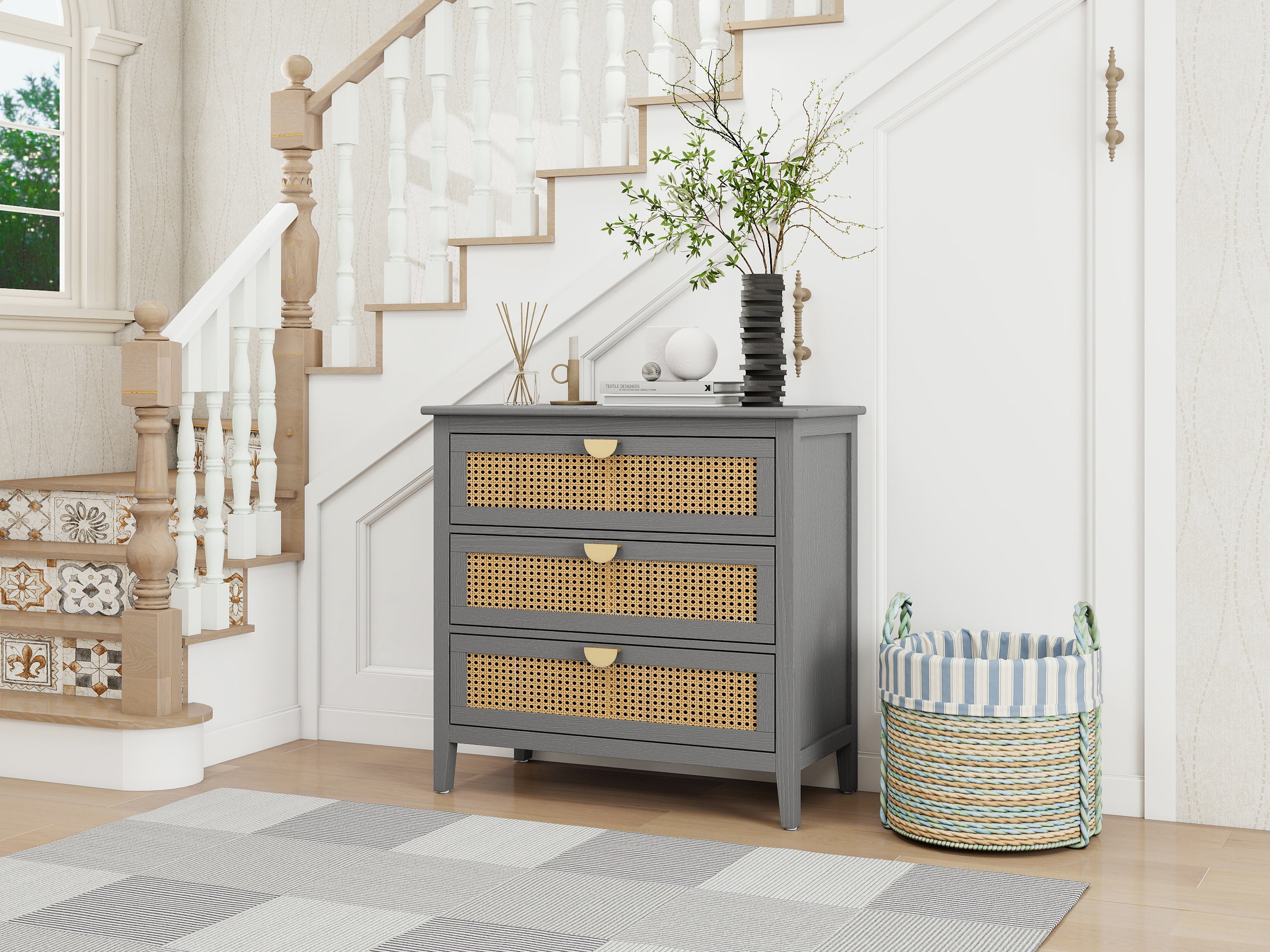 3 Drawer Cabinet with Natural Rattan Drawers