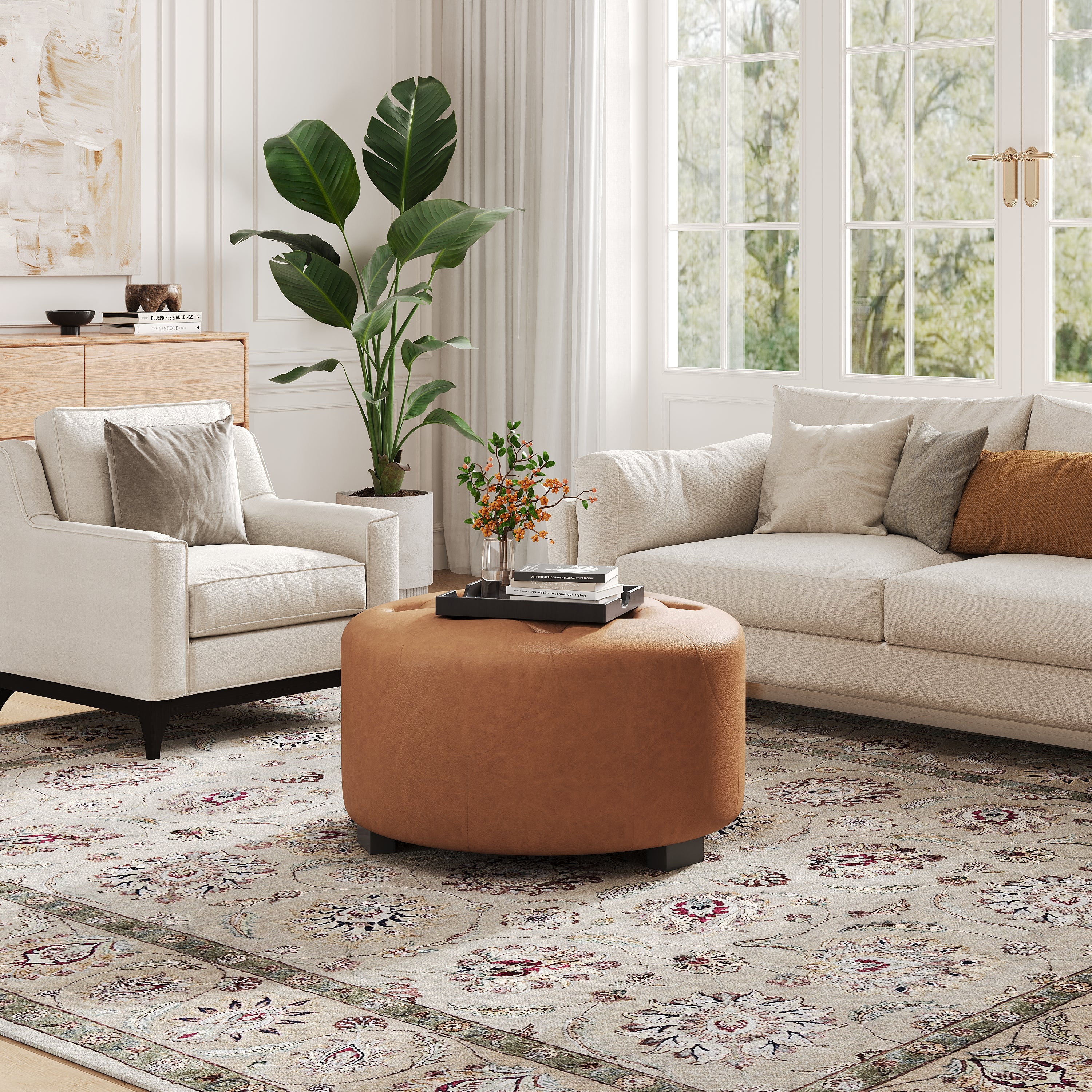 Upholstered Button Tufted Round Ottoman