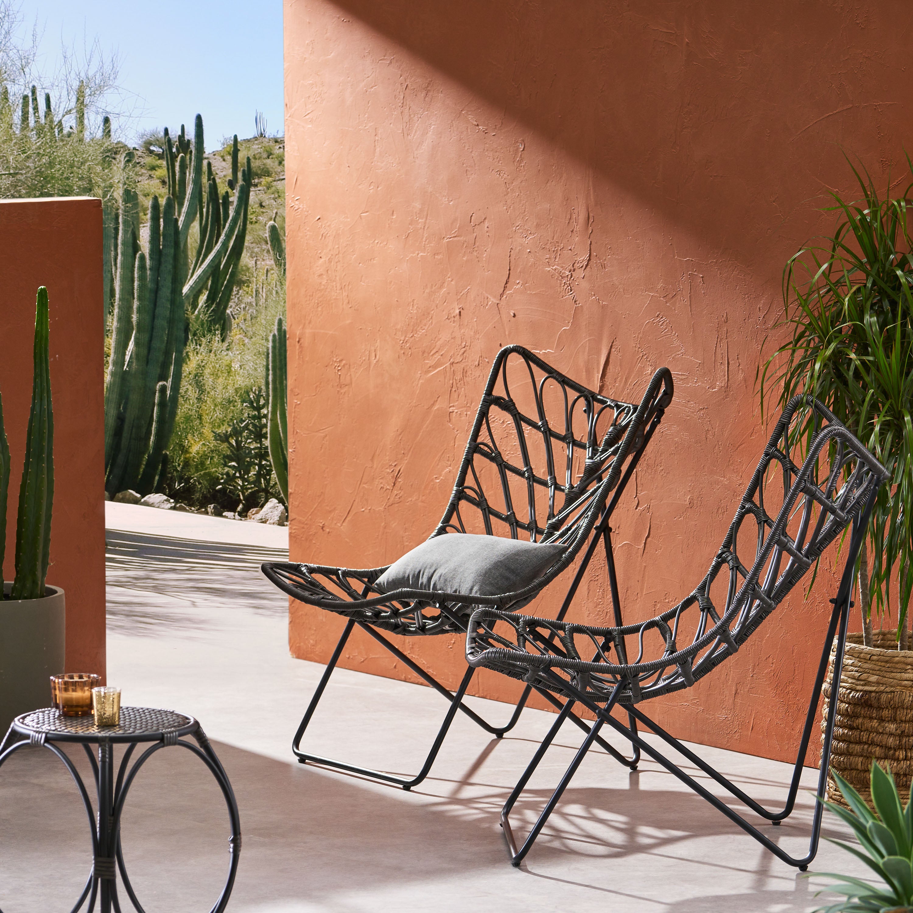 Outdoor Rattan Chair with Geometric Cross Base, Set of 2