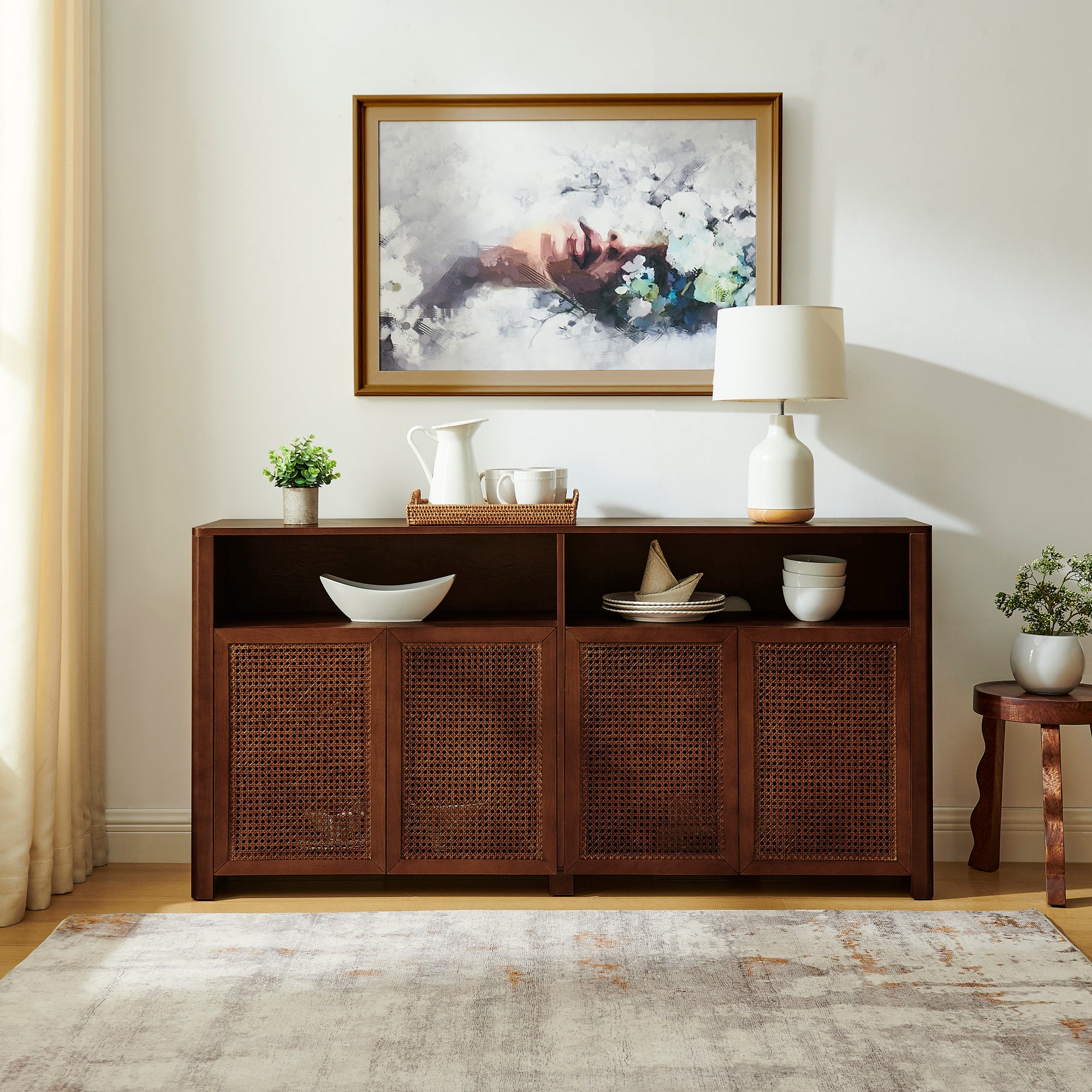 63" Mid-Century Modern Rattan Sideboard Buffet Storage Cabinet