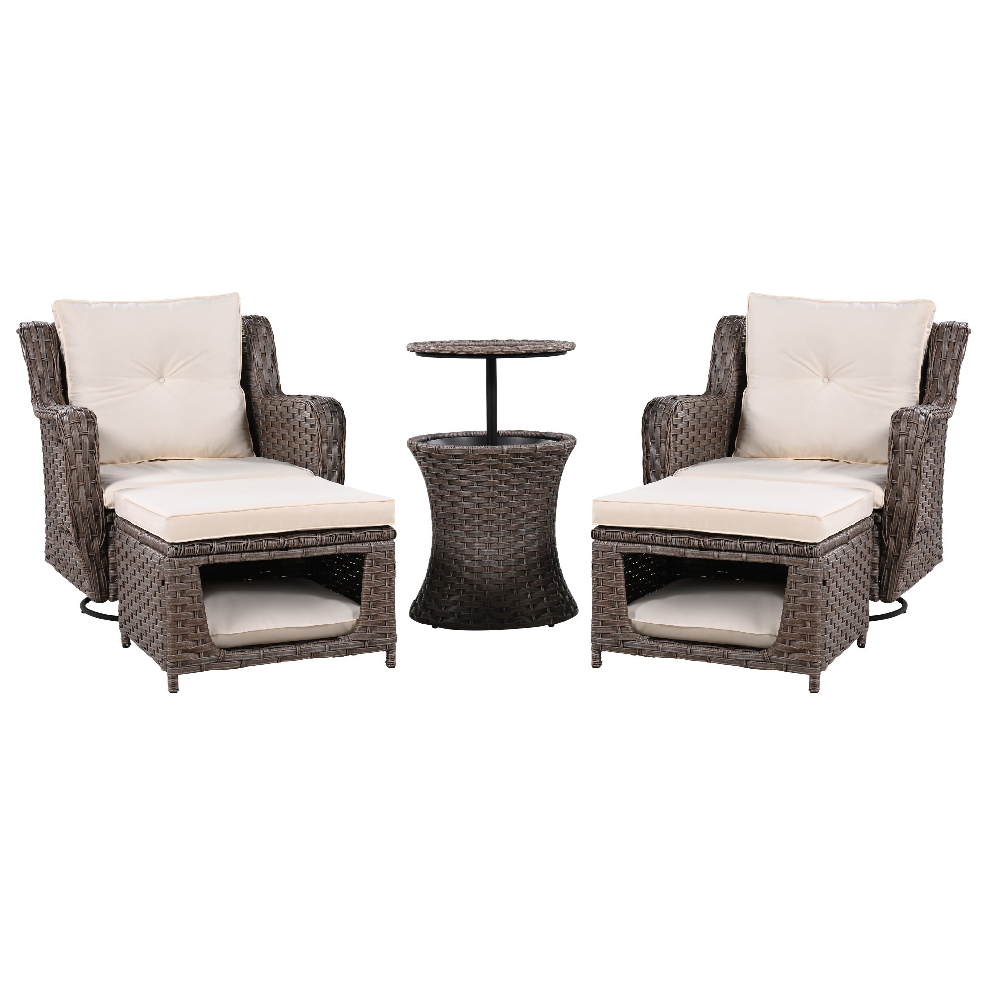 5-Piece Patio Set with Bar Table, 2 Swivel Chair and 2 Ottomans