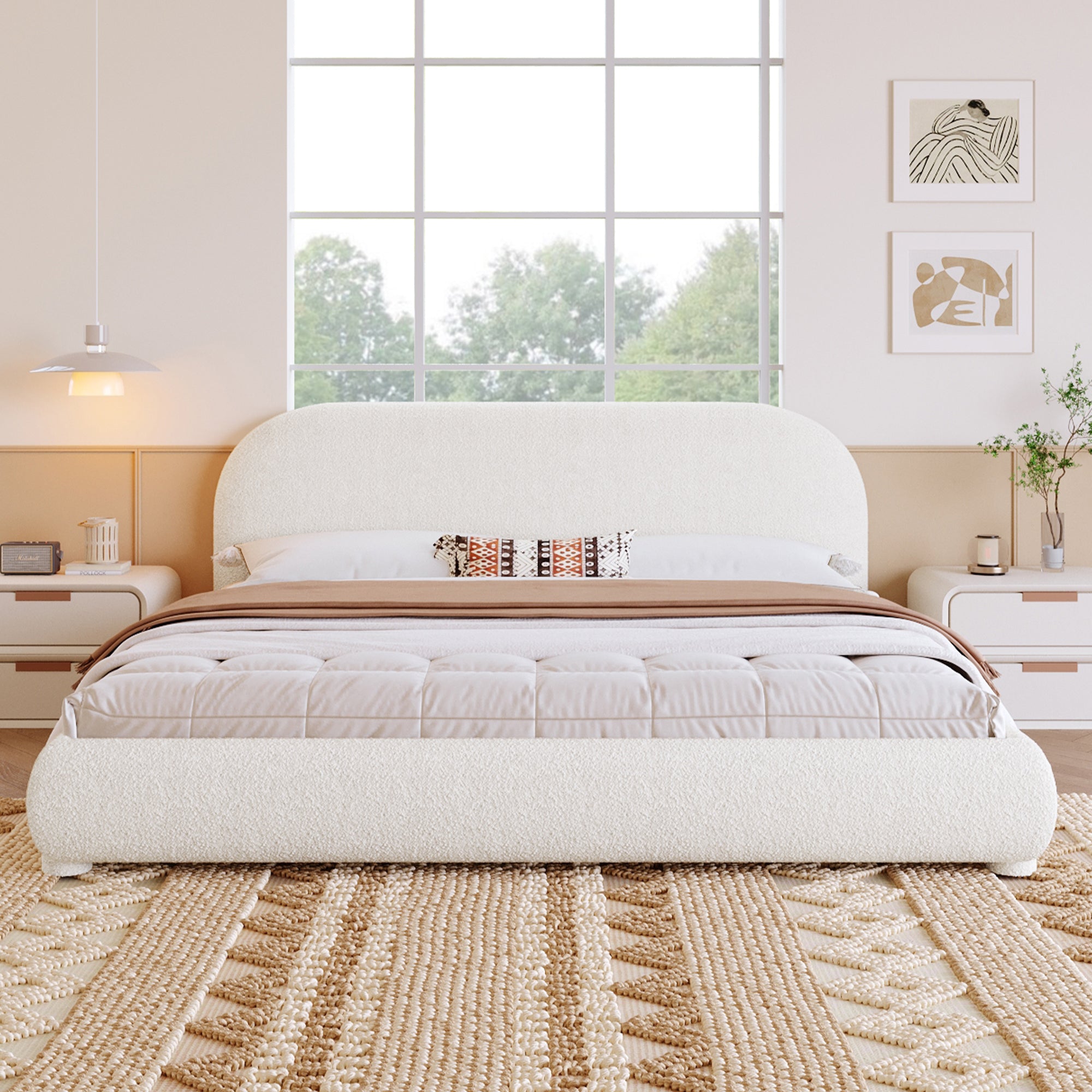 Modern Bed Frame with Upholstered Curved Headboard