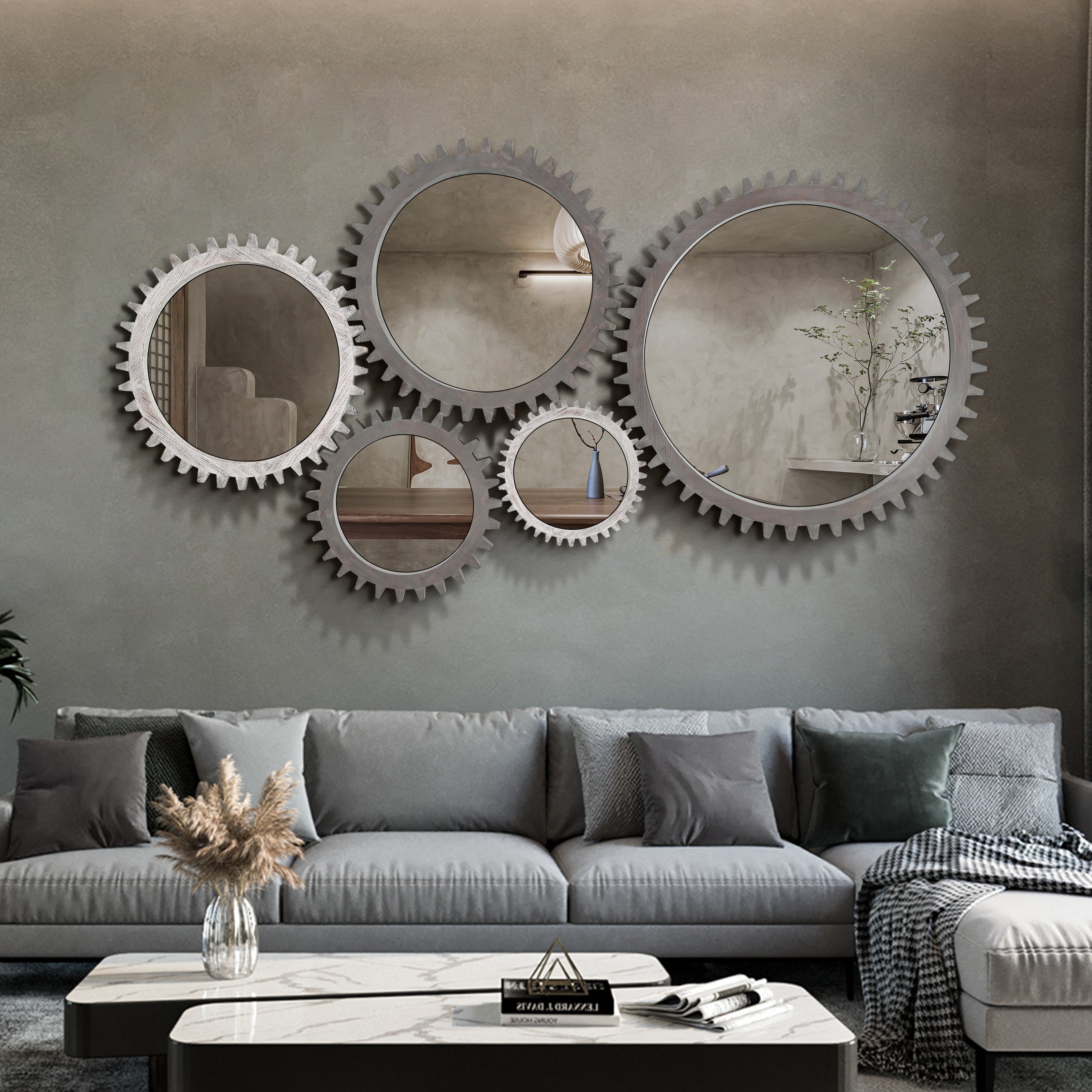 Harmonyx Wall Mirror with Gear Shape and Wood Frame